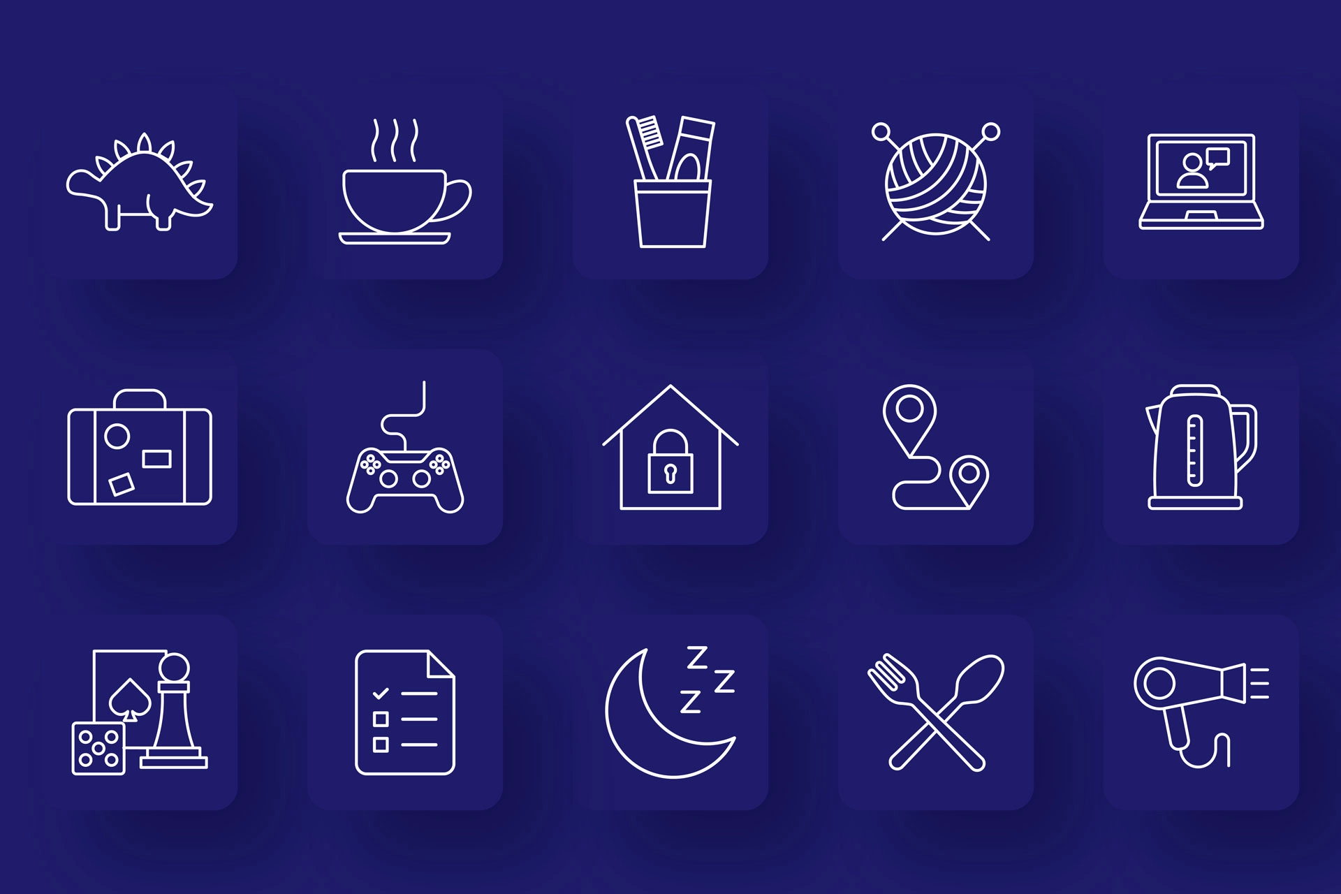 Set of outlined icons representing quarantine activities and needs.