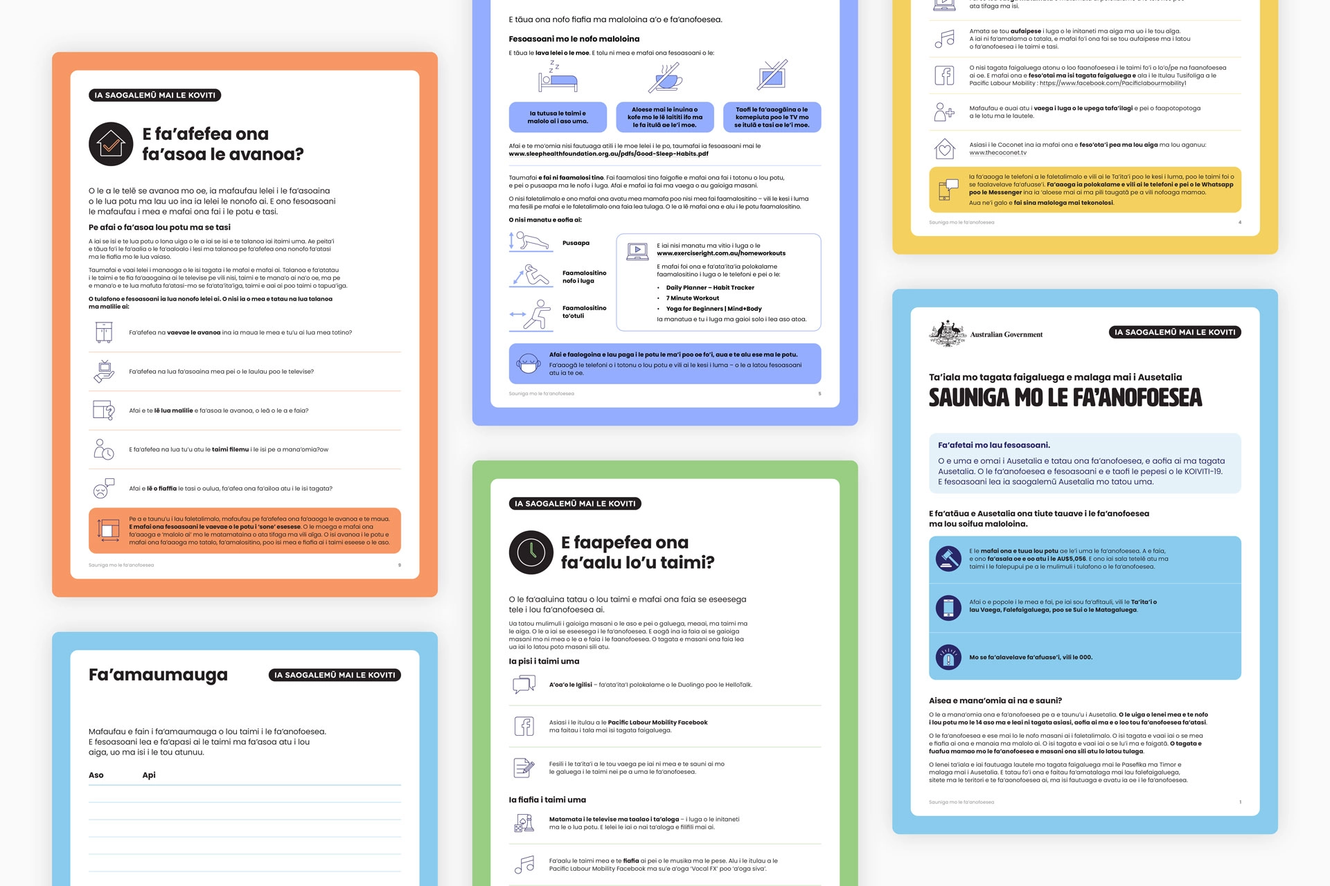 Multilingual versions of quarantine support pages showing translated guidance and planning templates.