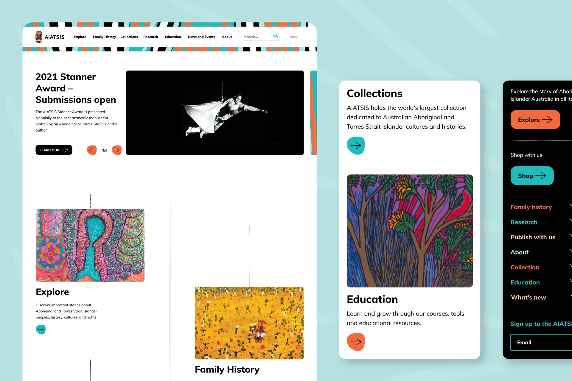 Screens from the redesigned AIATSIS site showing Explore, Collections and Education sections with bold artwork and clearer navigation.
