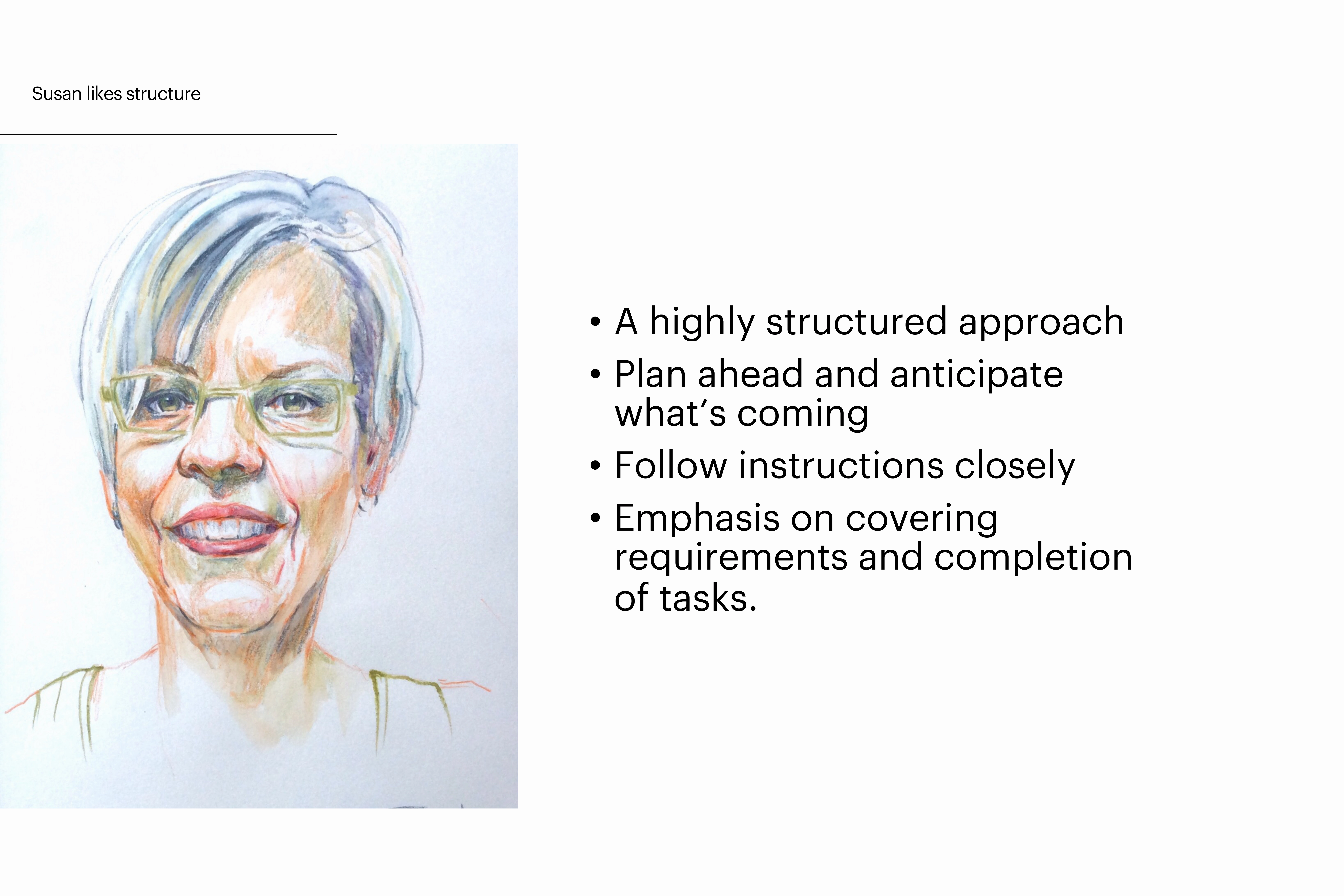 Illustrated portrait of Susan alongside text describing her structured, instruction-focused teaching approach.