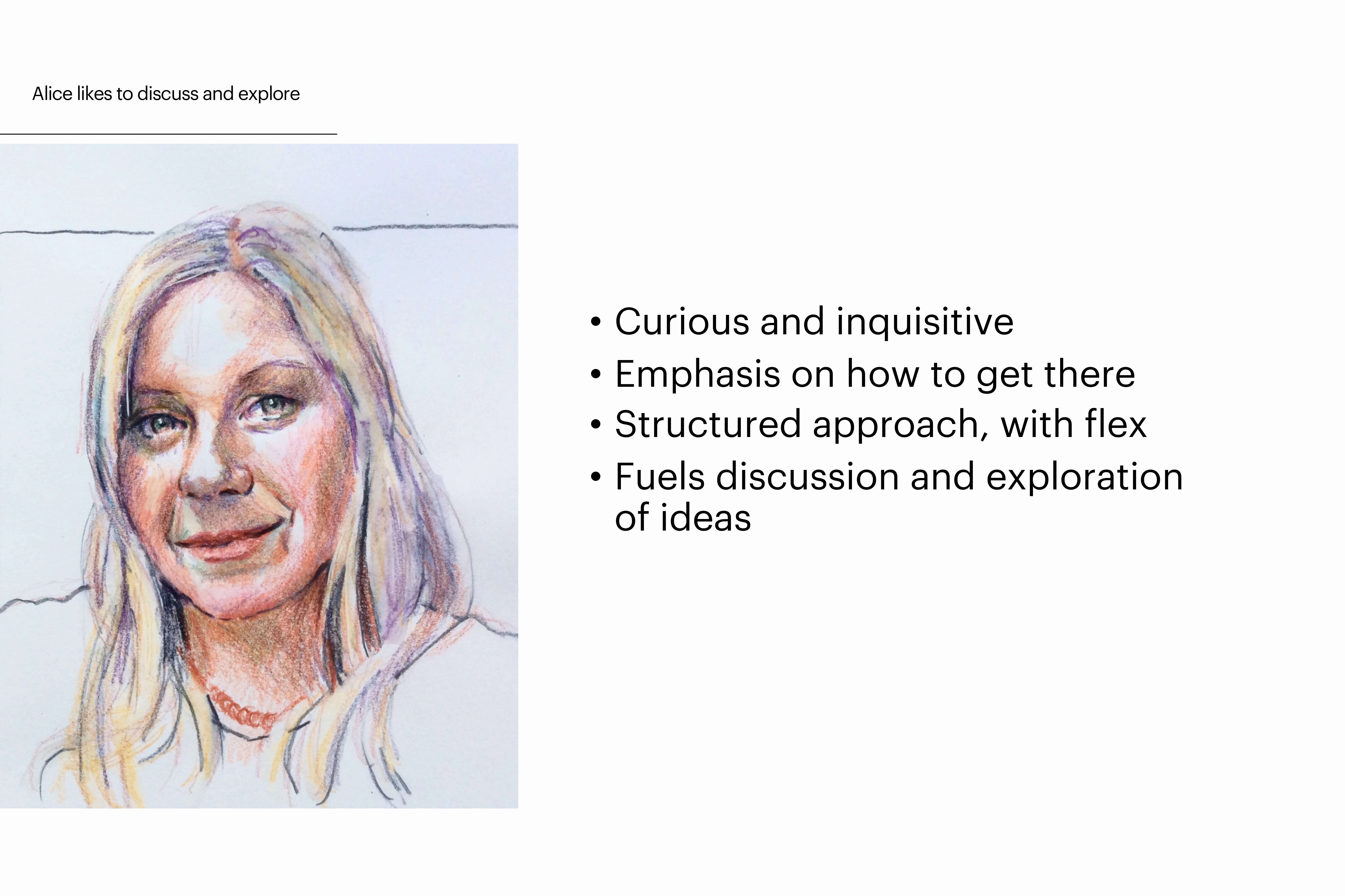 Illustrated portrait of Alice with text describing her inquisitive, discussion-driven teaching style.