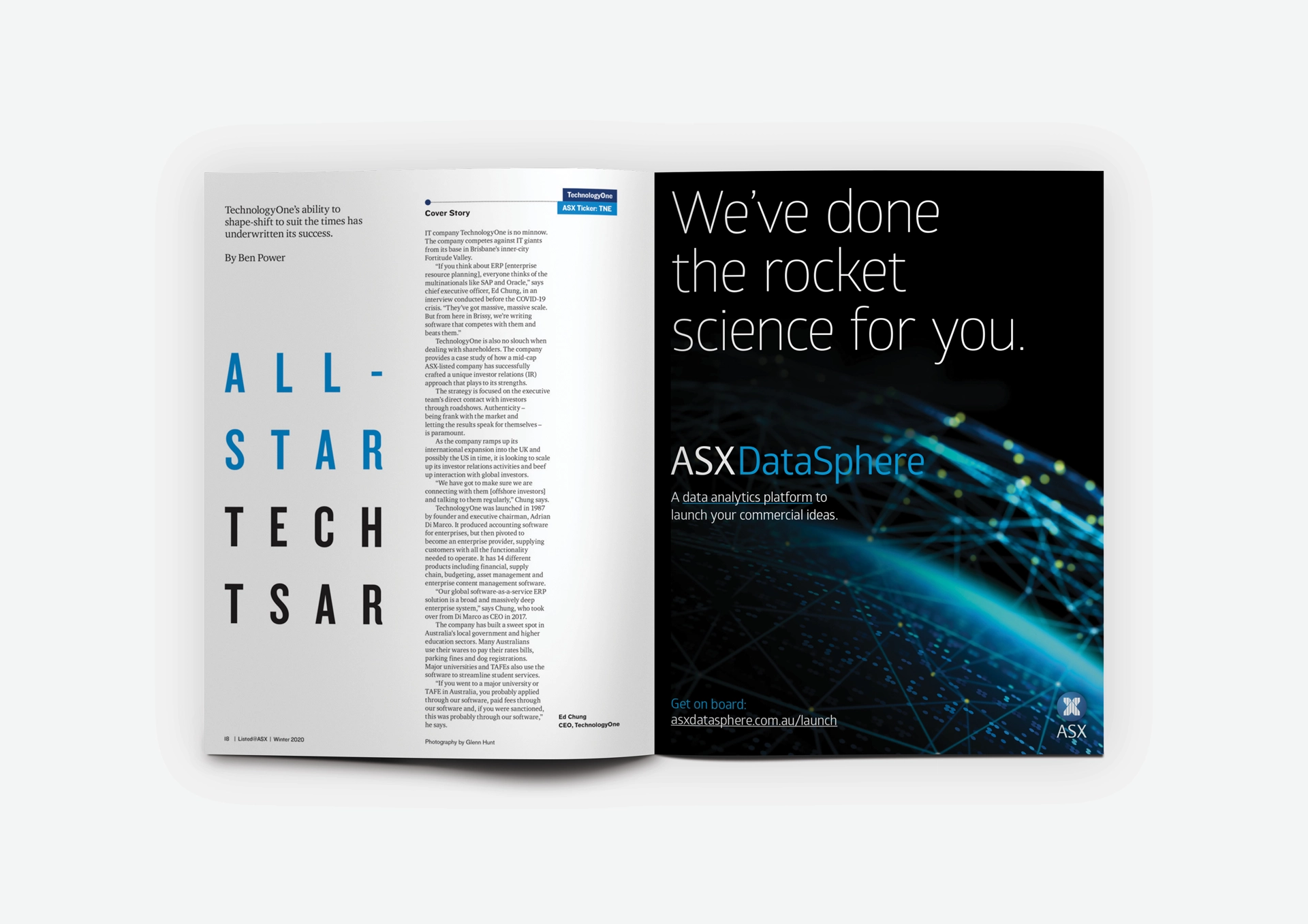Magazine spread with ASX DataSphere full-page ad beside an article titled “All-Star Tech Tsar.”