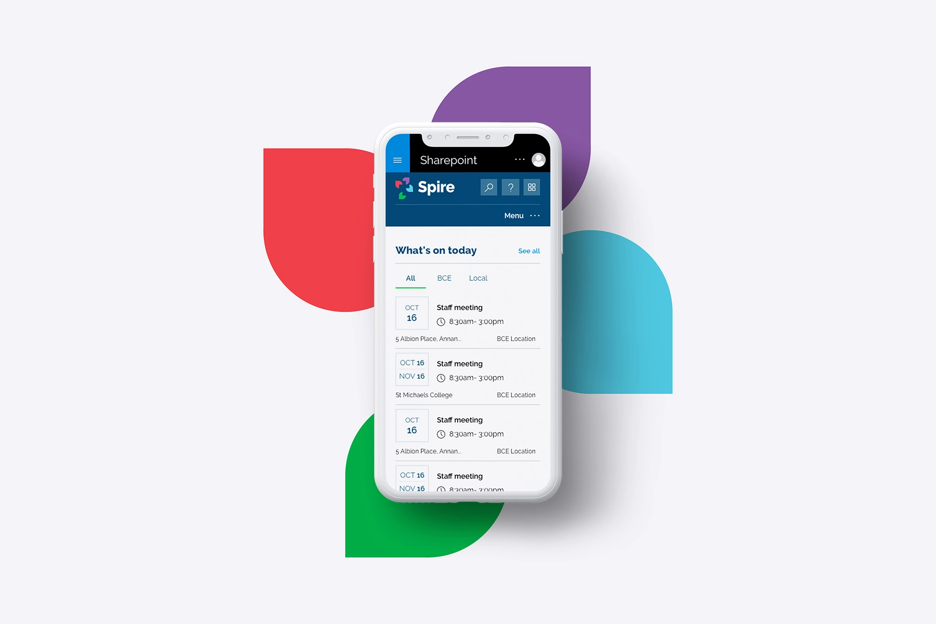 Mobile view of the Spire intranet displayed on a smartphone, with colourful brand shapes behind it.