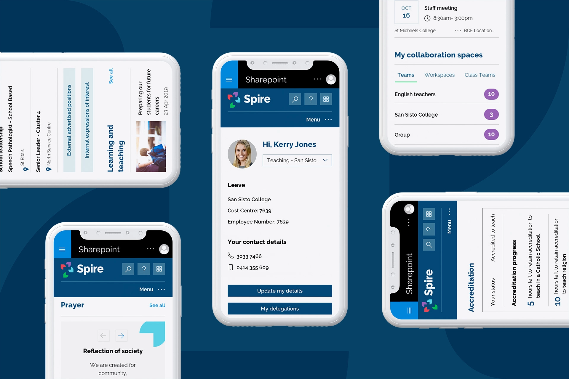 Multiple smartphone screens showing different sections of the Spire intranet interface.