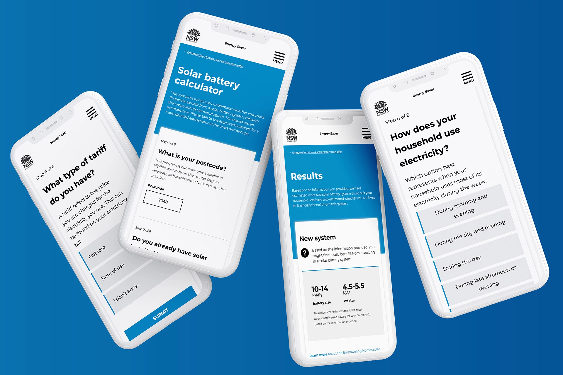 Mobile screens showing steps and results of the NSW solar battery calculator tool.