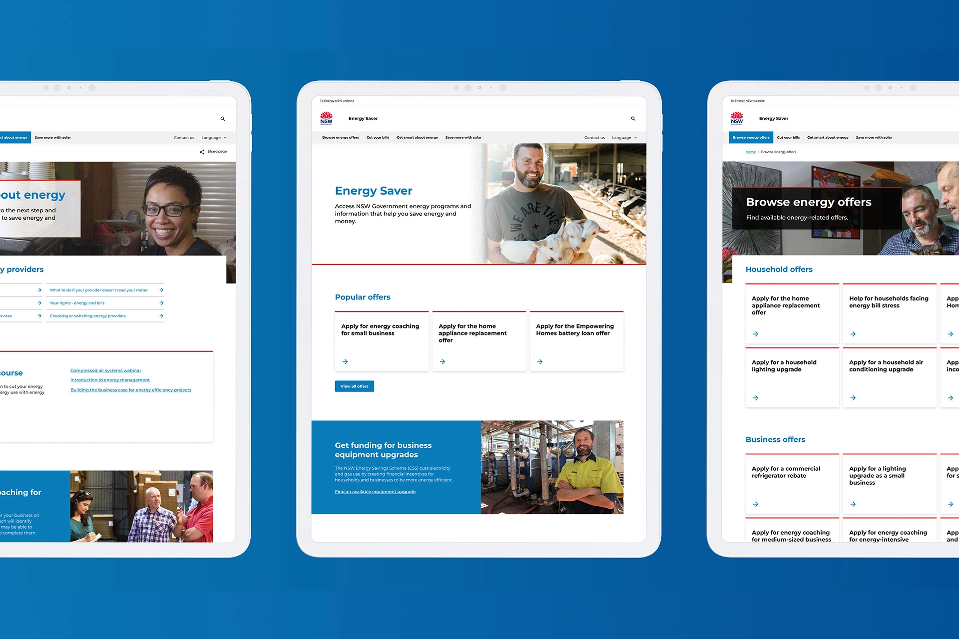 Tablet views of the NSW Energy Saver website showing energy offers and program details.