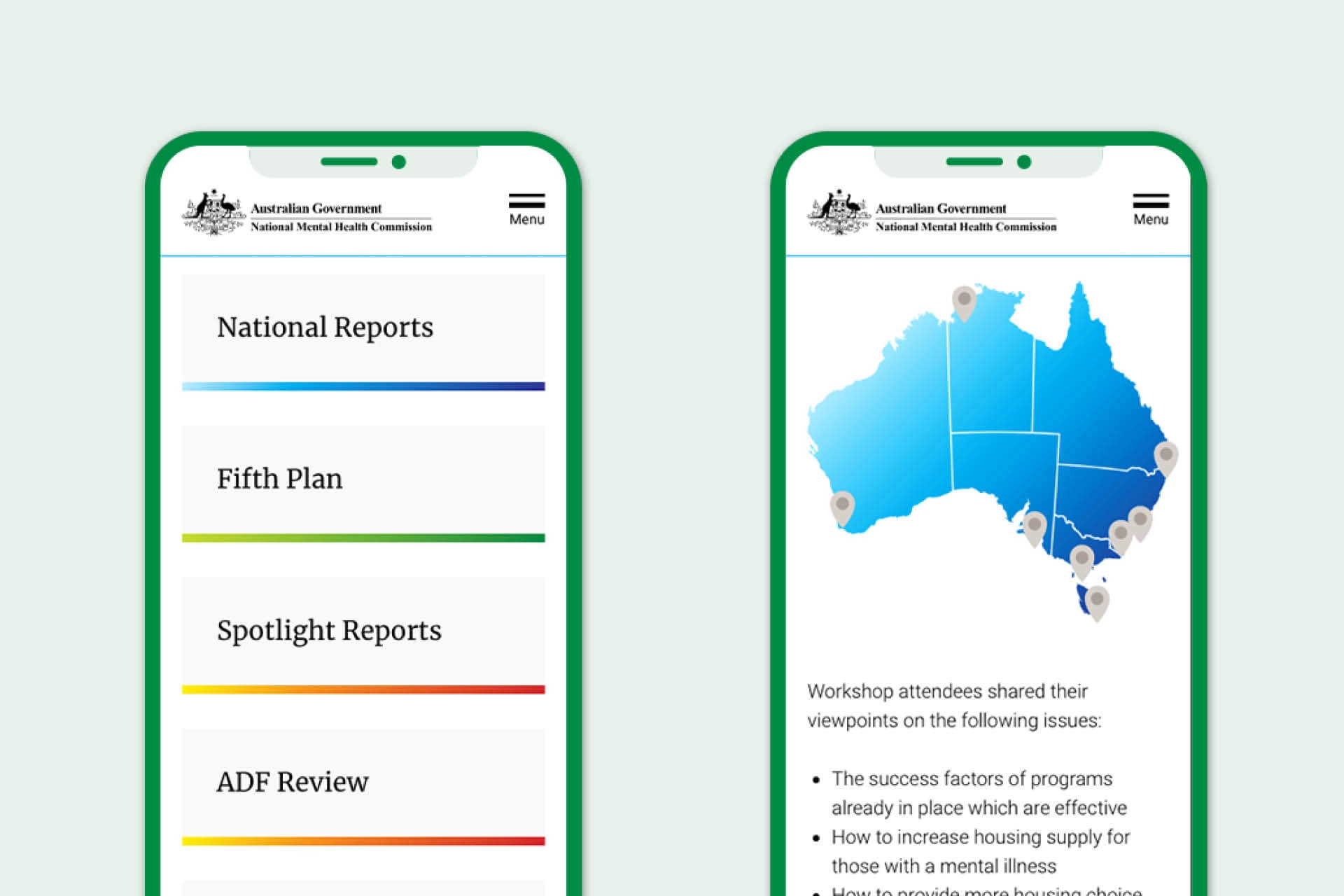Laptop showing the National Mental Health Commission website homepage, featuring report links and mental health reform information.