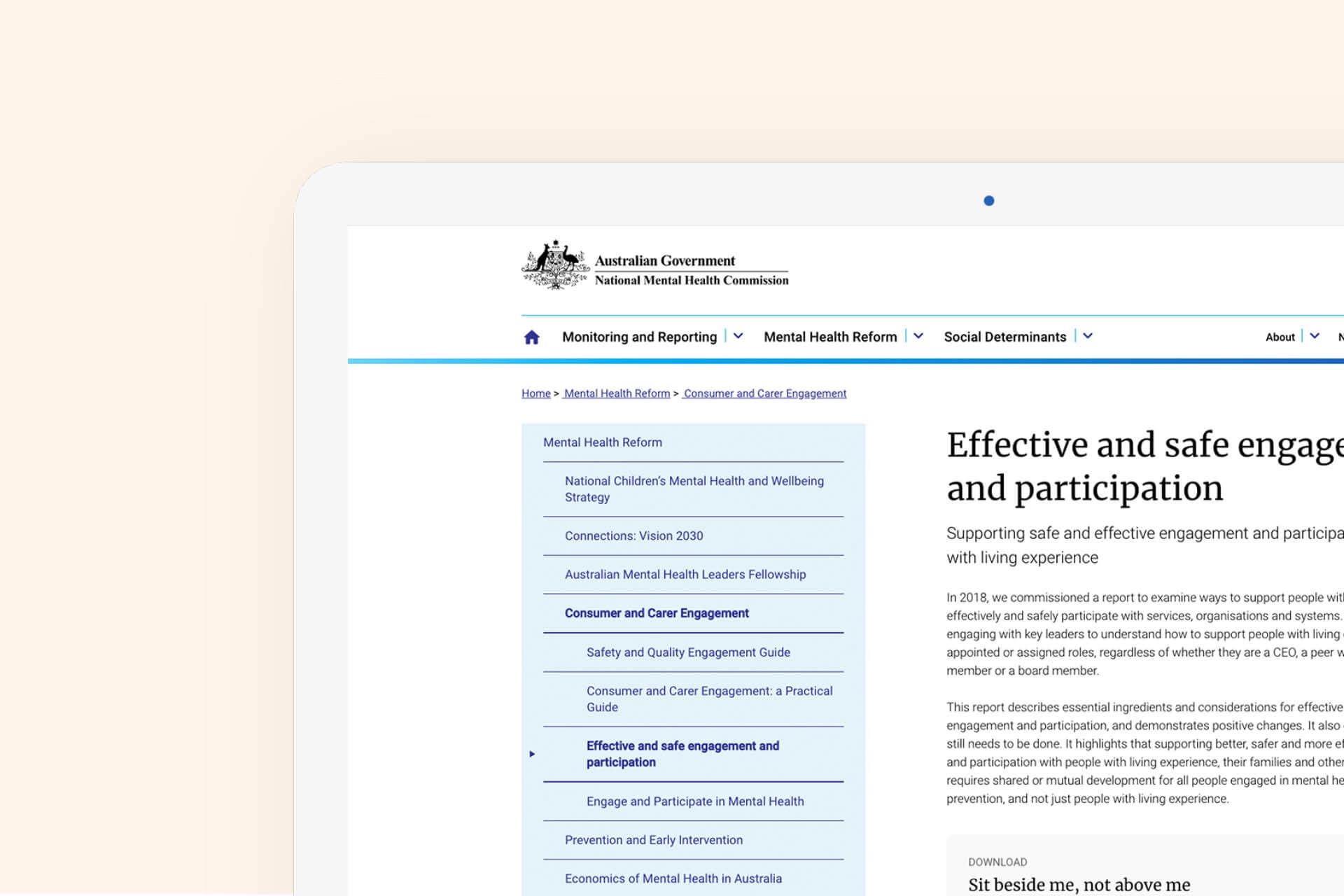 Desktop view of the NMHC website showing the ‘Effective and safe engagement and participation’ report page.