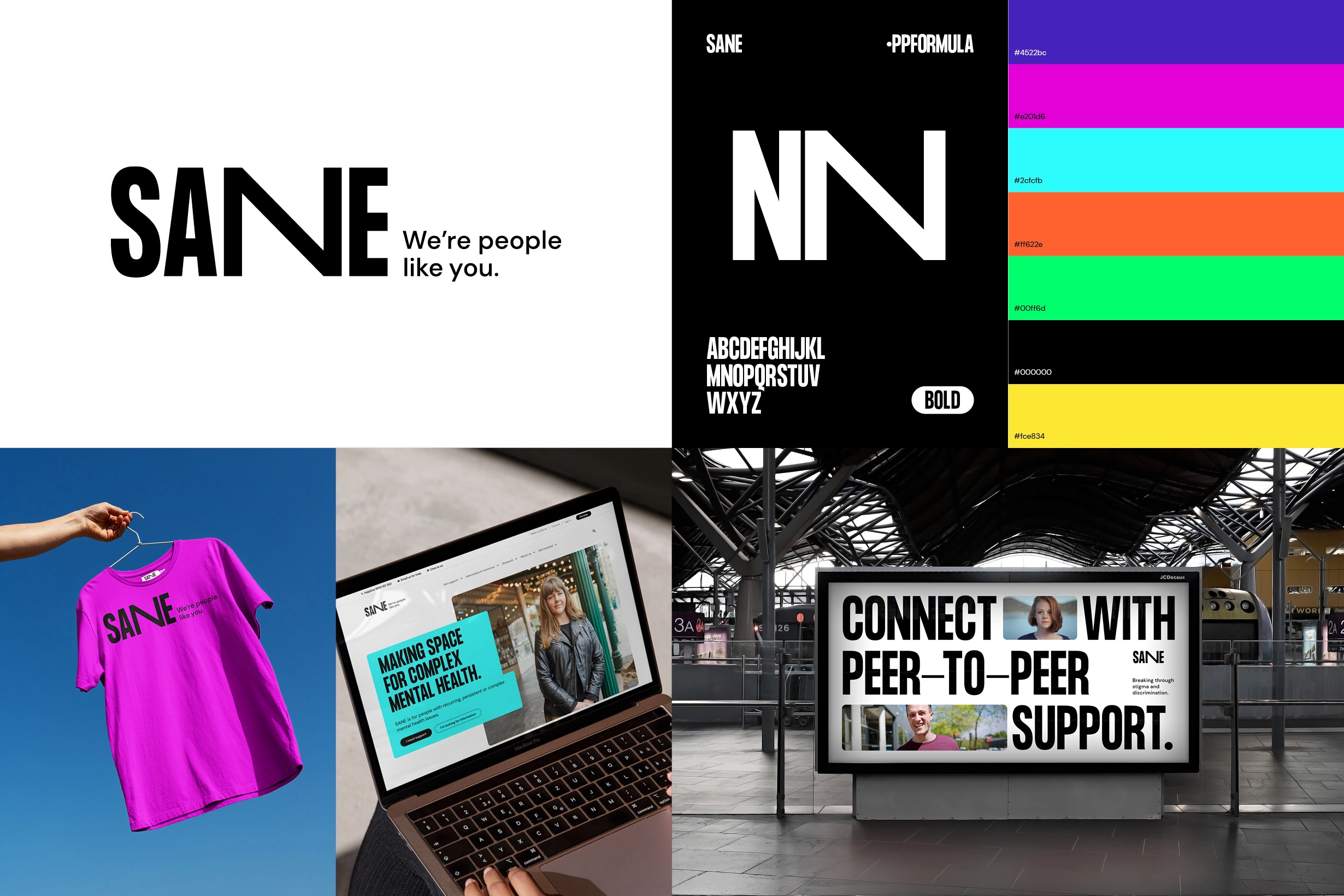 SANE Australia brand system shown across digital screens, colour palette and merchandise.