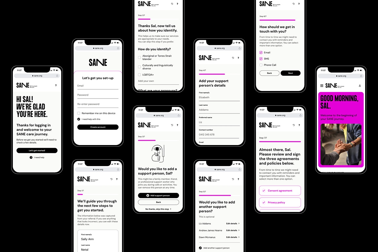 A collection of mobile screens from the SANE onboarding experience, showing account setup, identity preferences, contact options, and support person details.