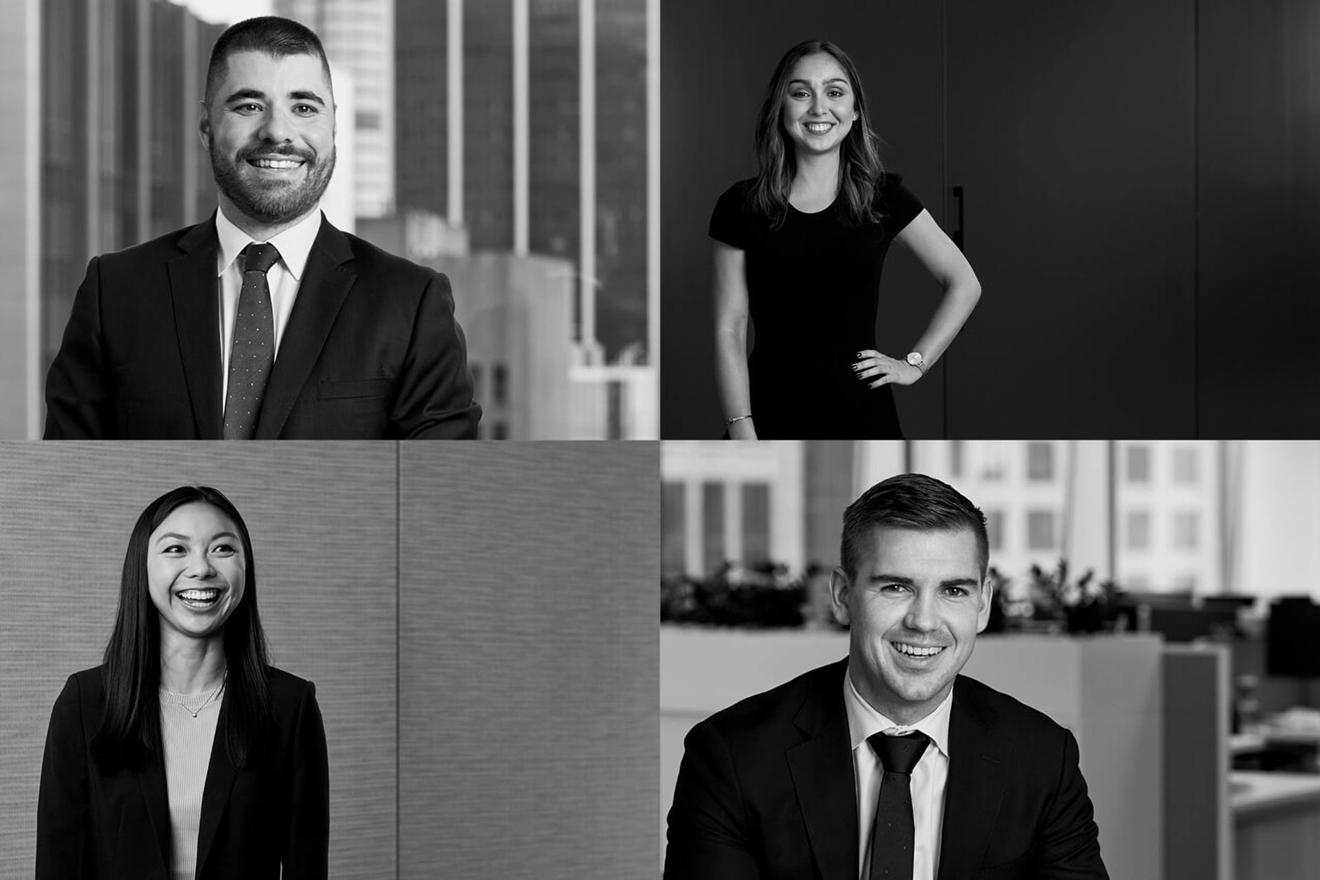 Black-and-white portrait grid of four McGrathNicol team members featured in the graduate campaign.
