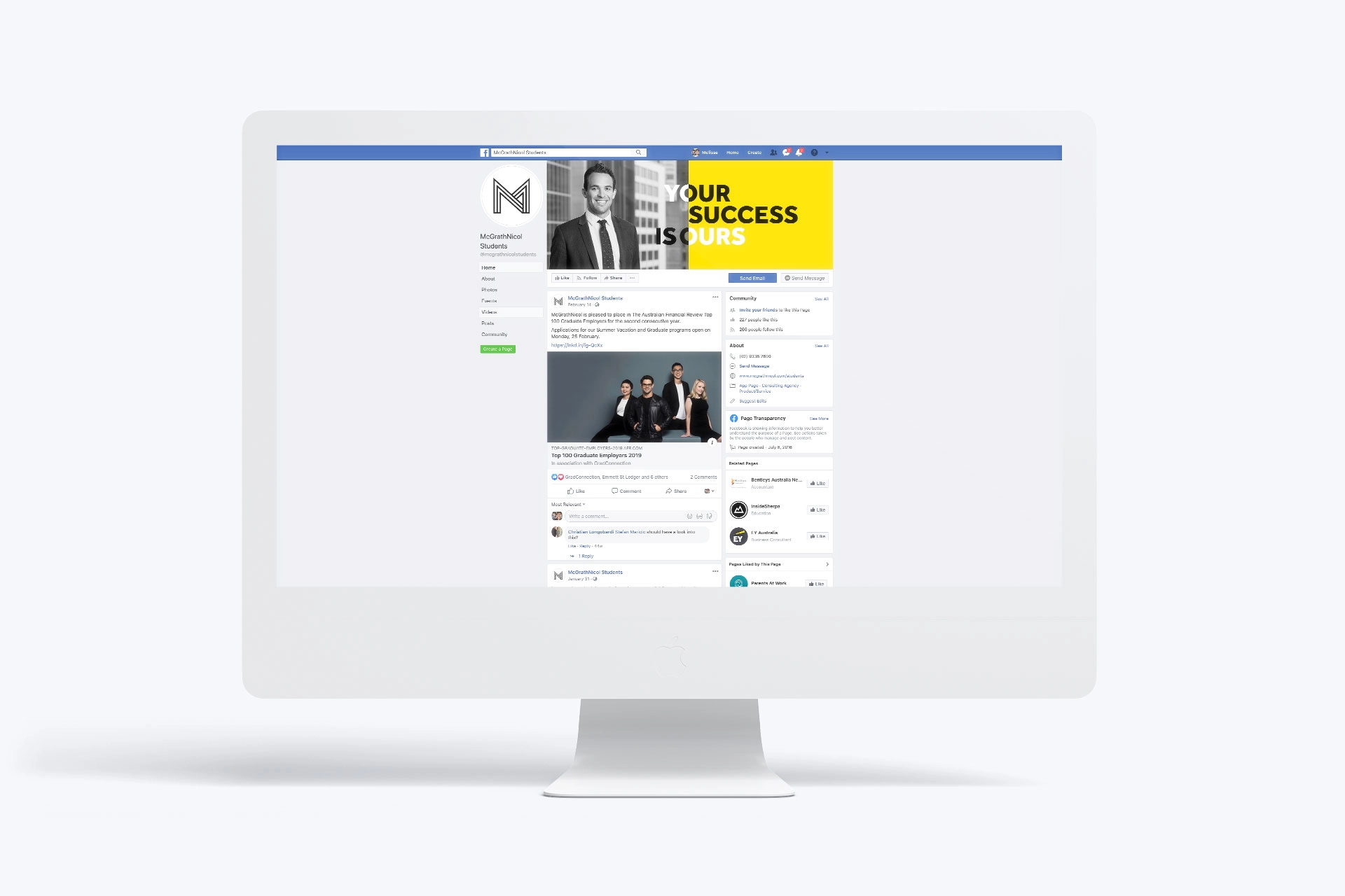 Desktop mockup showing the McGrathNicol graduate campaign applied across a social media profile.