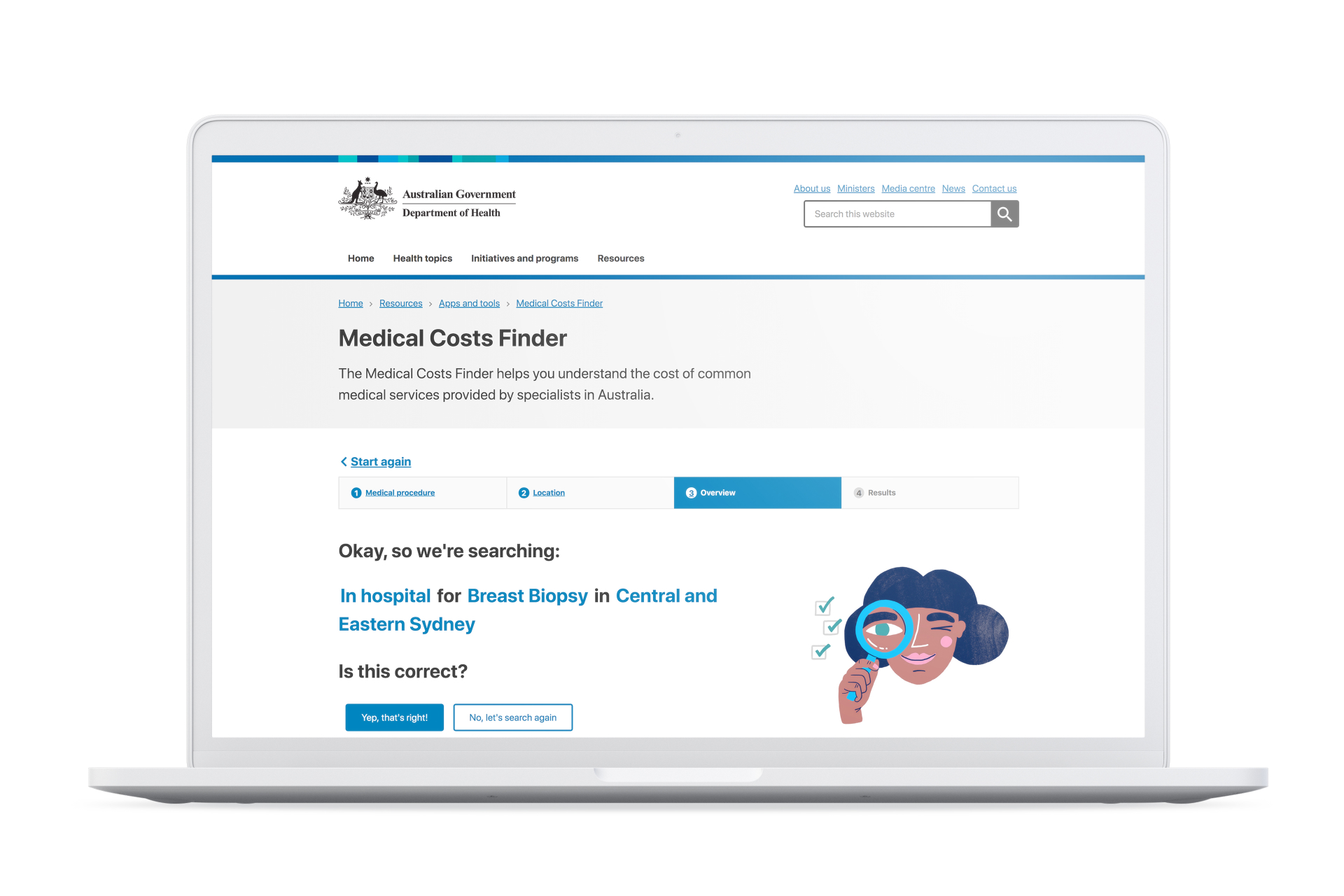 Laptop displaying the Medical Costs Finder homepage with a search summary for a breast biopsy.