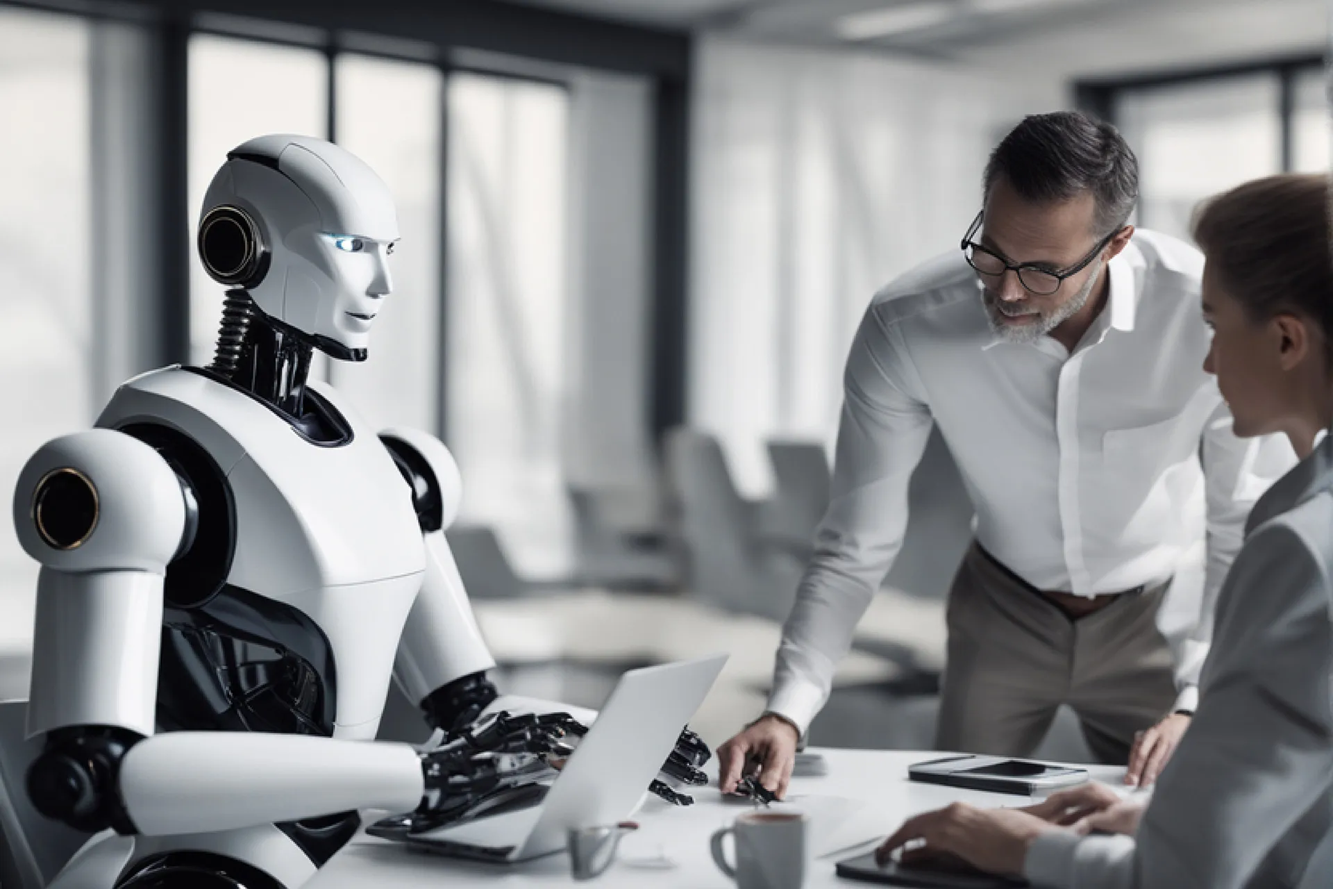 A humanoid robot sits at a desk interacting with two professionals, illustrating the Gartner IT Symposium theme of redefining human–technology relationships.