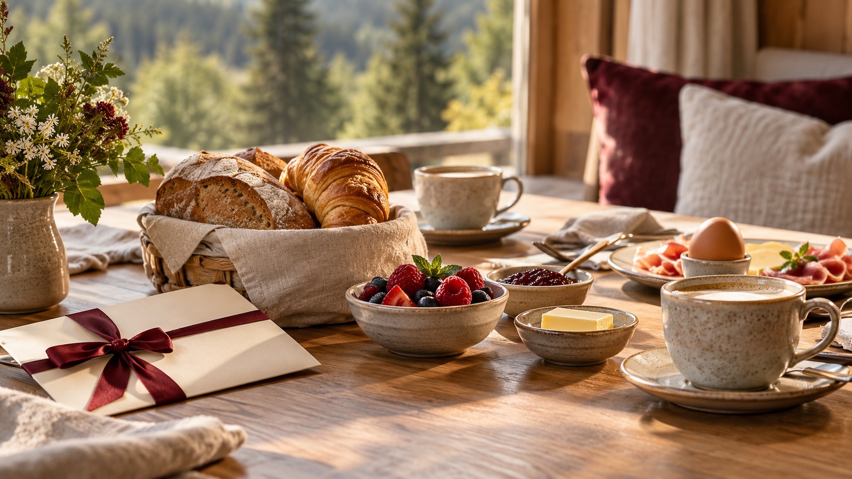 Frühstückstisch mit Gutschein-Kuvert und Blick in den Schwarzwald