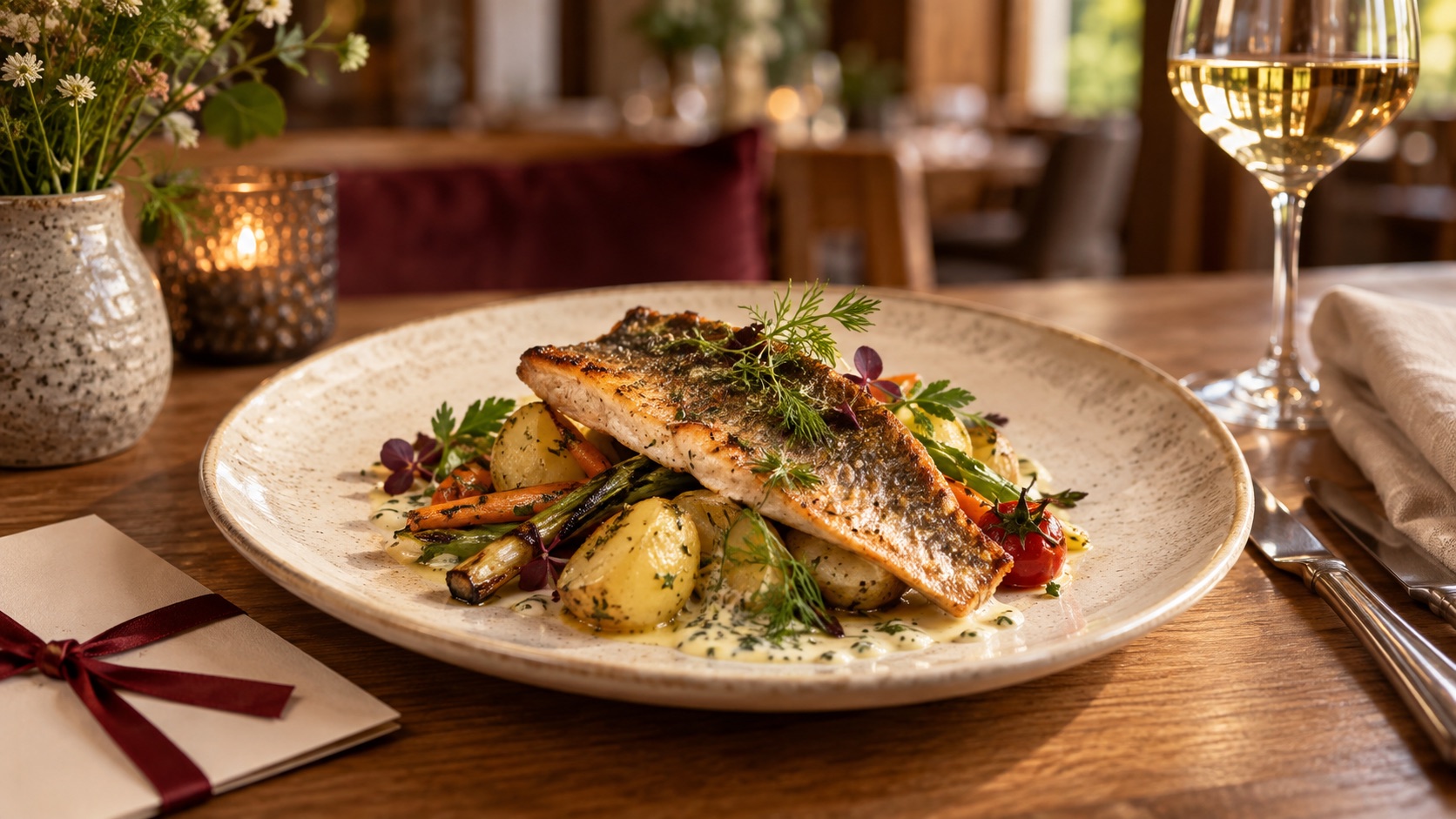Fischgericht mit Gemüse im Restaurant des Kirnbacher Hofs