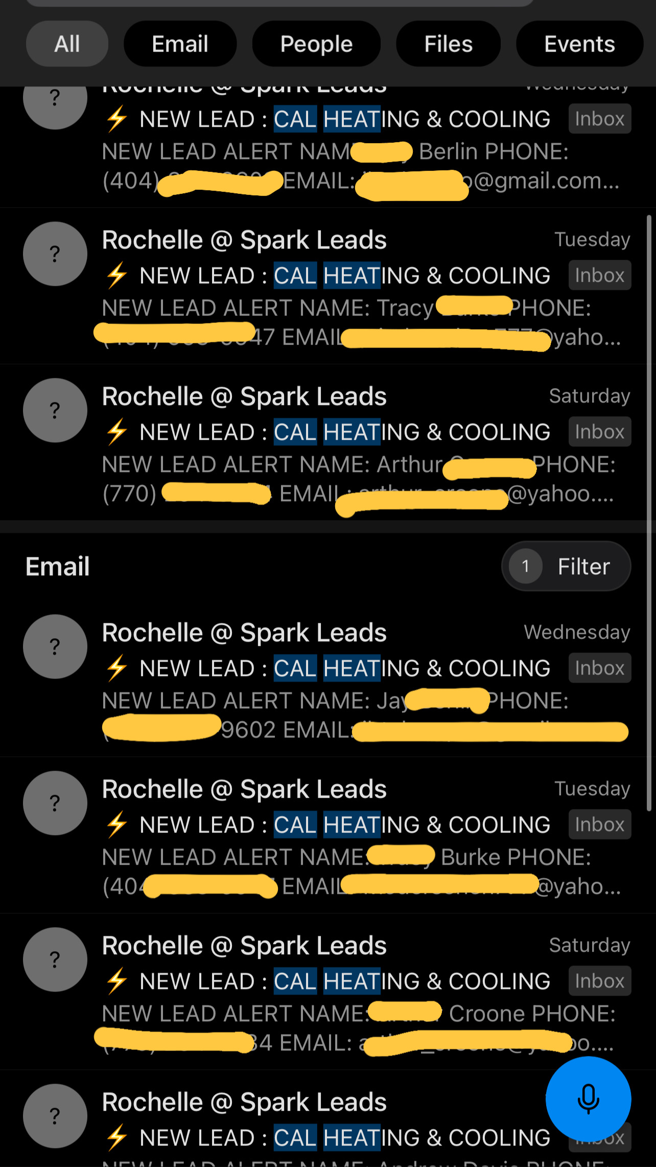 Screenshot of email inbox filled with New Leads for HVAC company CAL Heating & Cooling