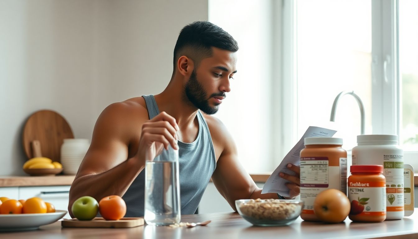 Sportliche Frau liest am Tisch in der Küche ein Nährwertetikett neben Wasserflasche, Obst und Haferflocken