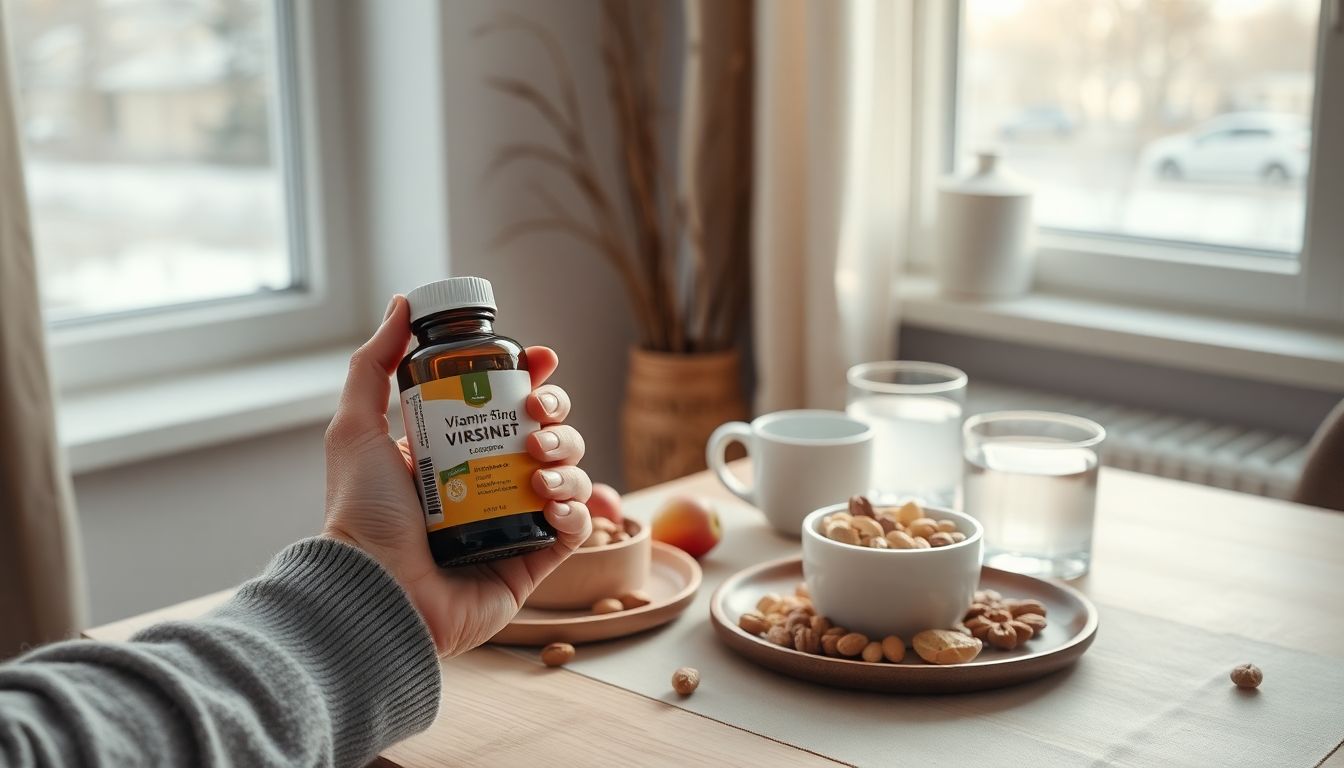 Person hält eine Vitaminflasche neben Frühstück mit Joghurt, Obst, Nüssen und Wasser am hellen Fenster.