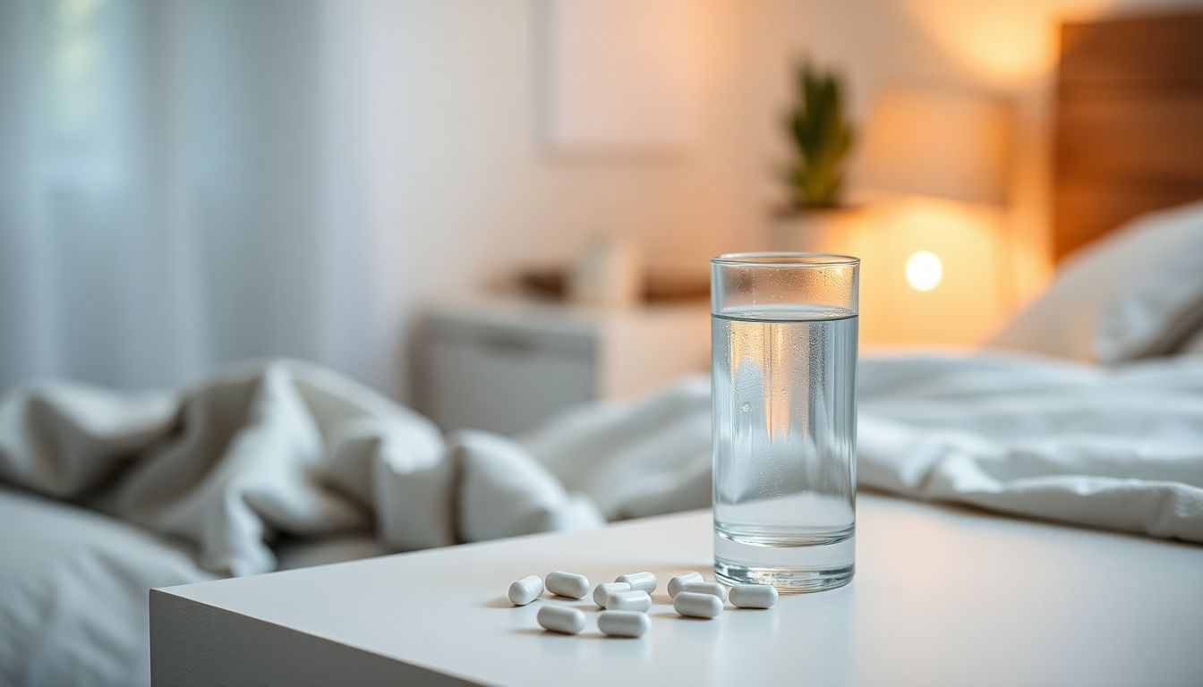 Glas Wasser und Magnesium-Kapseln auf einem Nachttisch im sanften Abendlicht, ruhige Wellness-Atmosphäre
