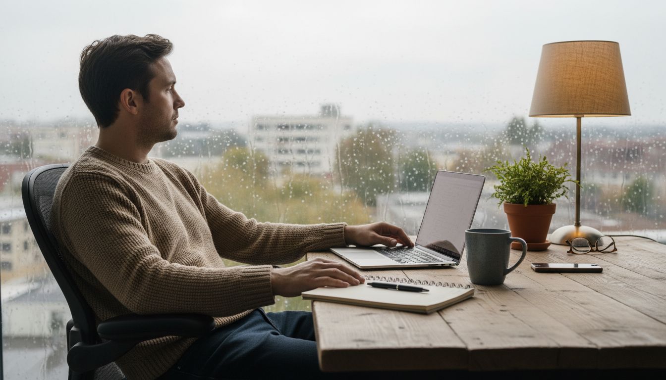 Person am Laptop im Homeoffice, zurückgelehnt am Regenfenster mit Tasse, Notizbuch und Lampe auf dem Schreibtisch; mentale pausen homeoffice