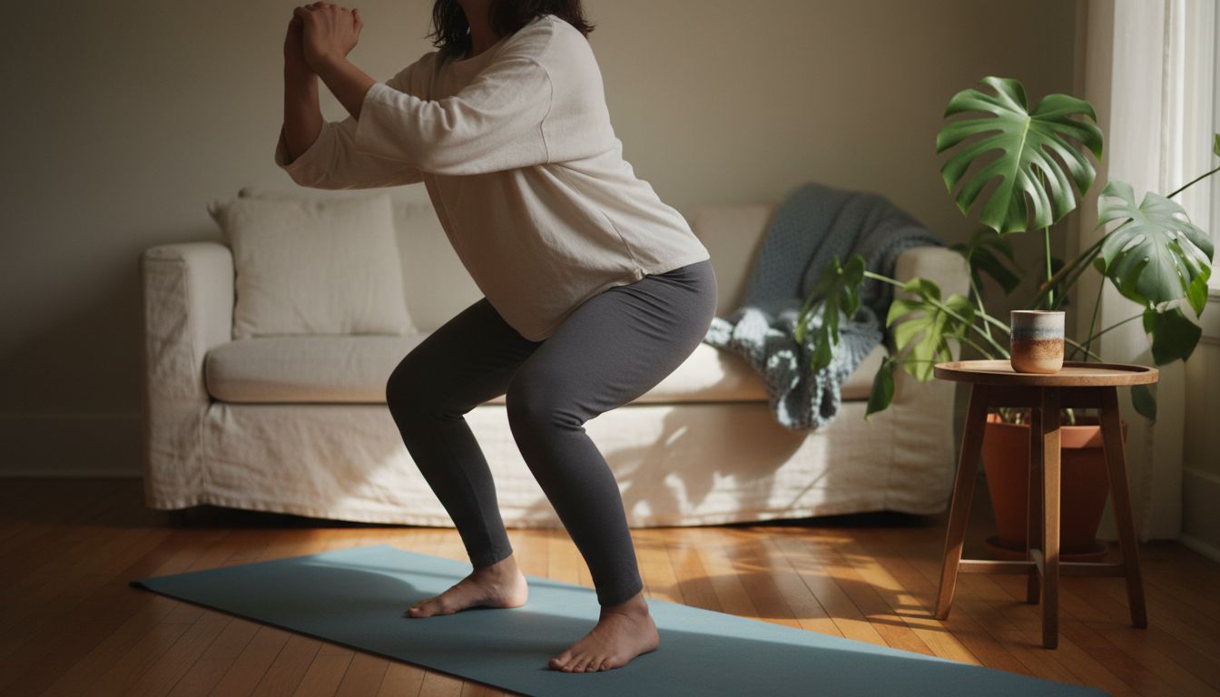 Frau macht Kniebeugen im Wohnzimmer auf der Yogamatte, mit Sofa, Zimmerpflanze und Wasserglas; mini workout zuhause