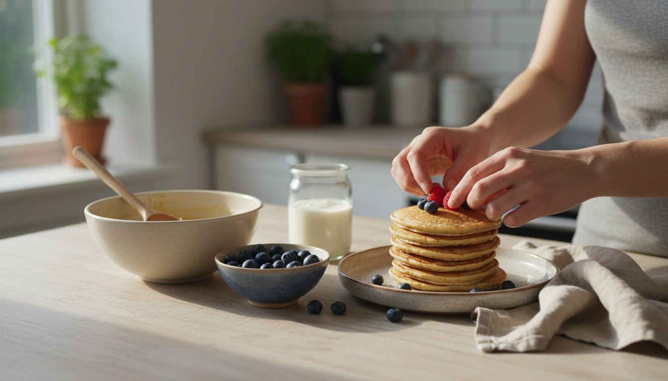 Person richtet Hafer-Pancakes mit frischen Beeren auf einem Keramikteller an, daneben Schüssel, Joghurt und Holzlöffel.