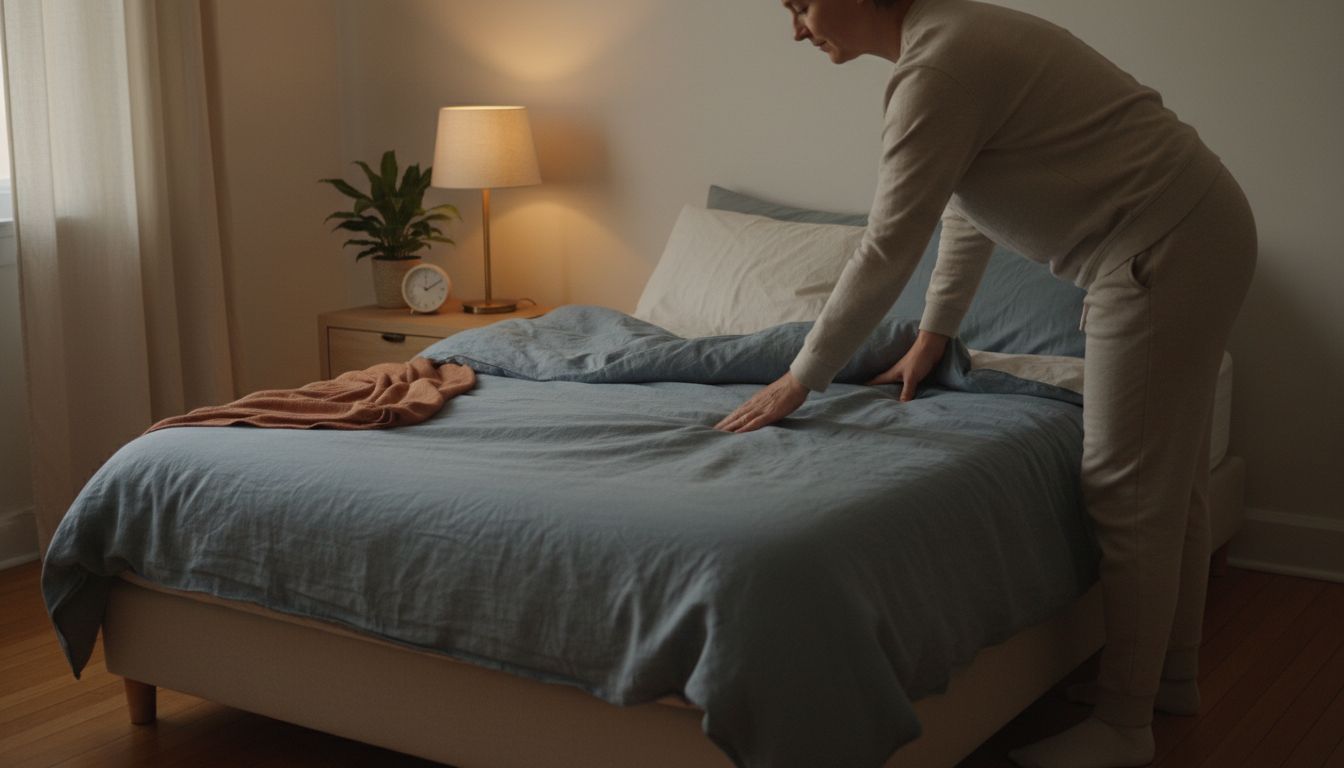 Person macht in einem aufgeräumten Schlafzimmer das Bett und dimmt die Nachttischlampe.