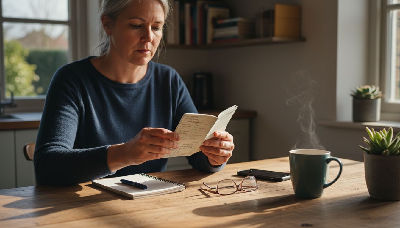 Person prüft am Küchentisch den Impfstatus im Impfheft neben Notizbuch, Brille, Smartphone und Tasse