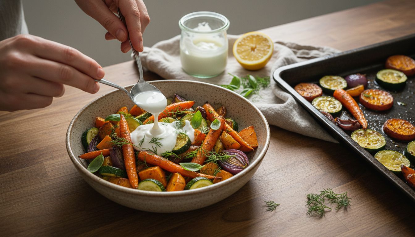 Ofengemüse Bowl mit Joghurt-Dressing, gerösteten Karotten, Zucchini, roten Zwiebeln, Zitrone und Kräutern