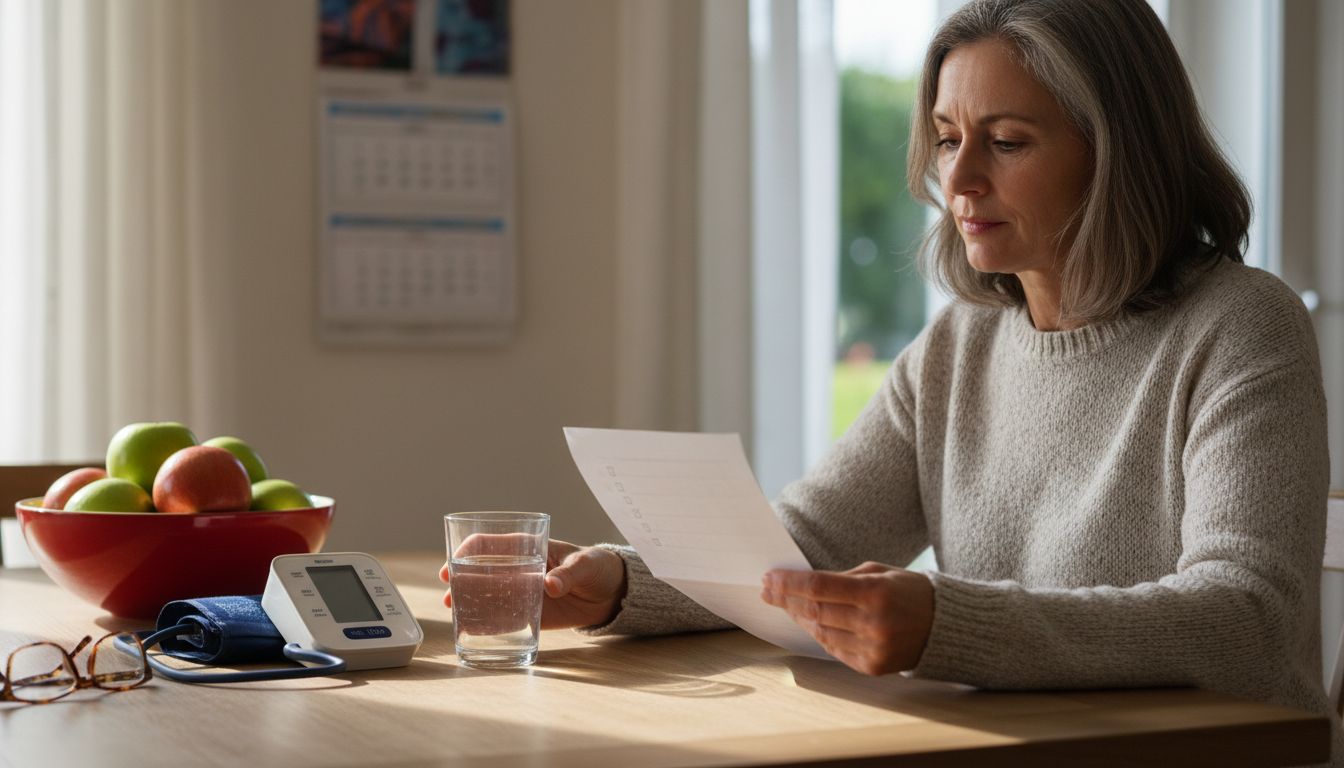 Frau prüft Gesundheitscheckliste am Küchentisch, neben Blutdruckmessgerät, Kalender, Apfel und Wasserglas; Gesundheitsvorsorge