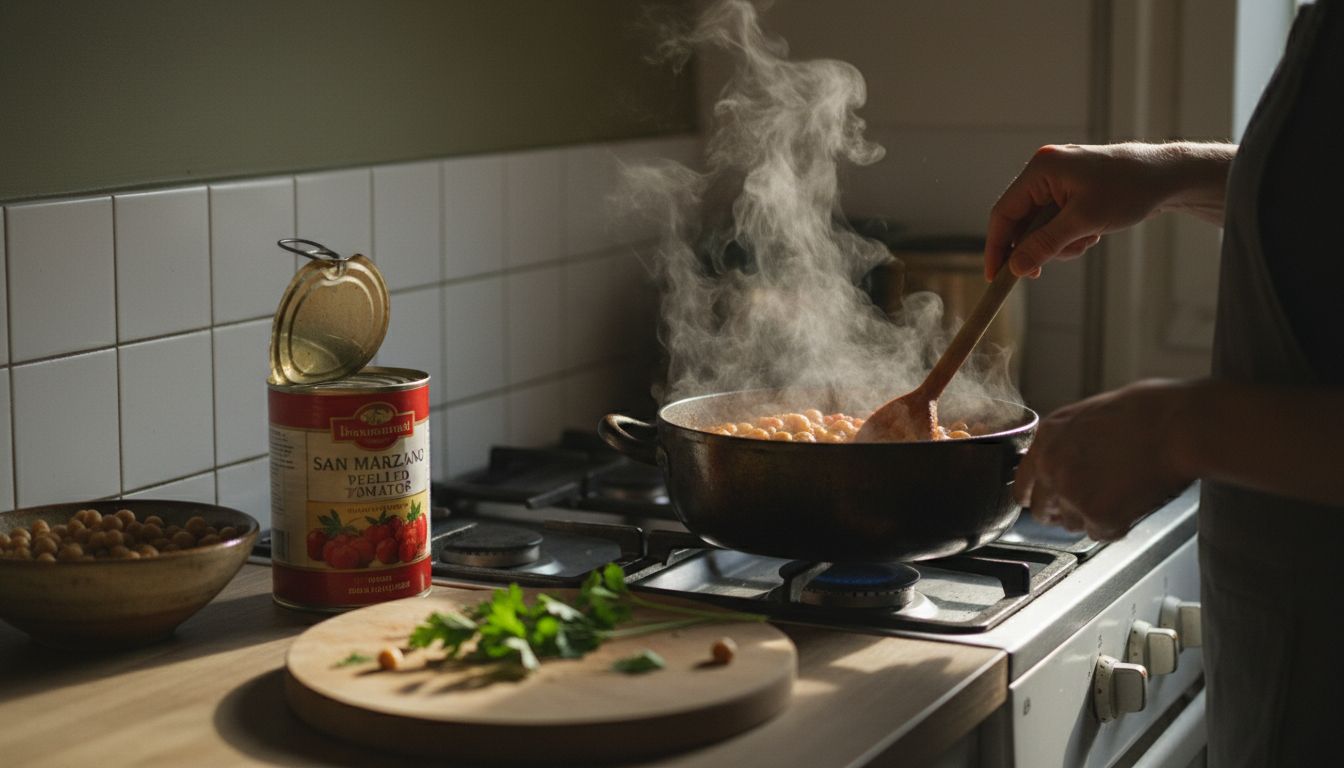 Person rührt einen dampfenden Tomaten-Kichererbsen-Eintopf in einem Topf auf dem Herd, daneben Tomaten, Kichererbsen und Petersilie.