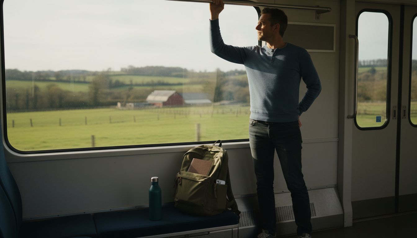 Pendler im Zug streckt sich am Haltegriff; daneben Wasserflasche, Rucksack, Buch und Smartphone. Gesund unterwegs bleiben.