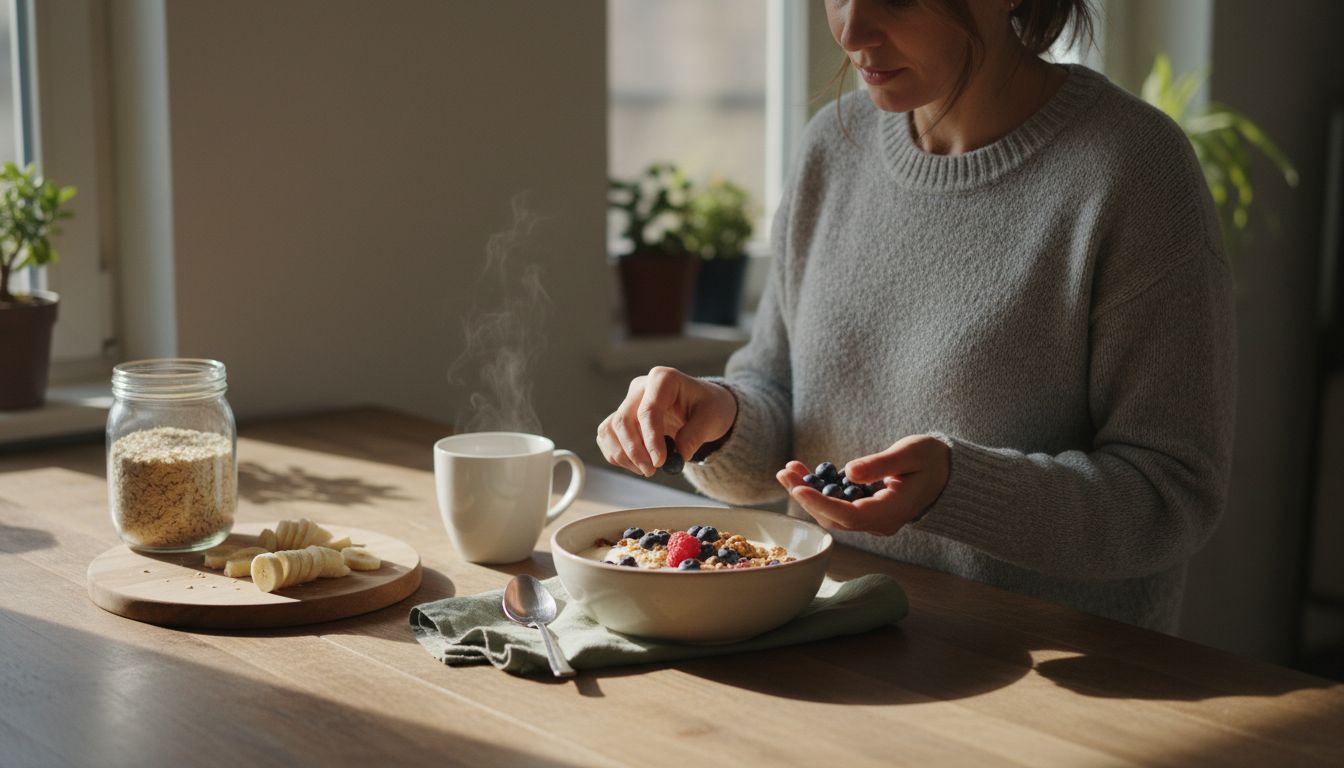 Frau bereitet an der Küchenarbeitsplatte eine Müslischale mit Haferflocken, Joghurt, Beeren und Walnüssen zum Frühstück vor