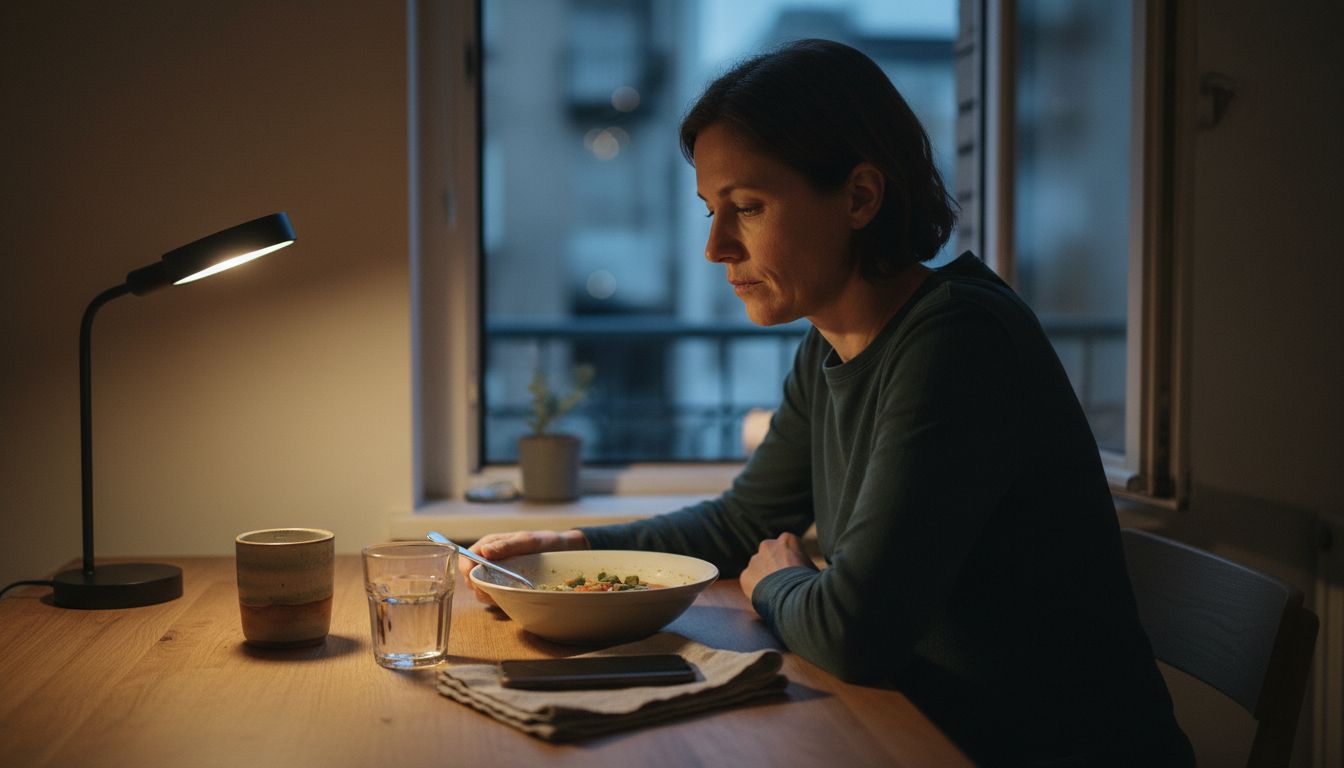 Müde Frau am Esstisch nach spaet essen schlafen, mit halbleerer Gemuesesuppe, Handy und Wasserglas im warmen Abendlicht