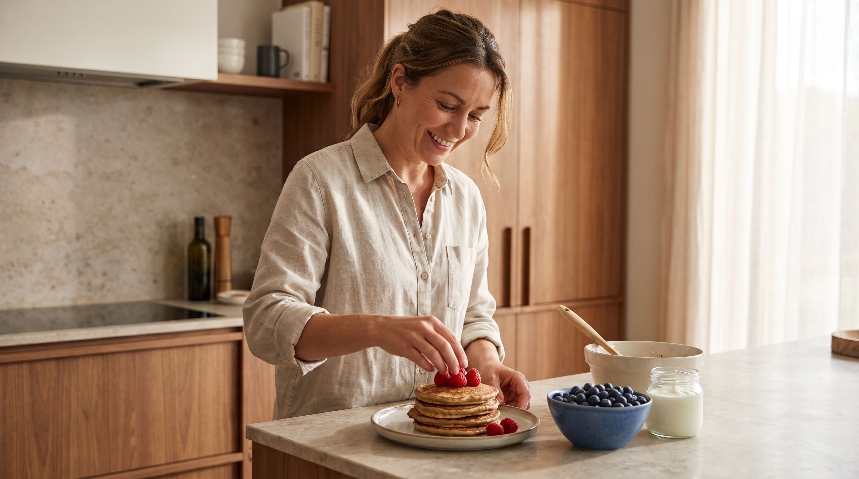 Frau garniert einen Stapel Hafer-Pancakes mit frischen Beeren, daneben Schale mit Blaubeeren und Joghurt
