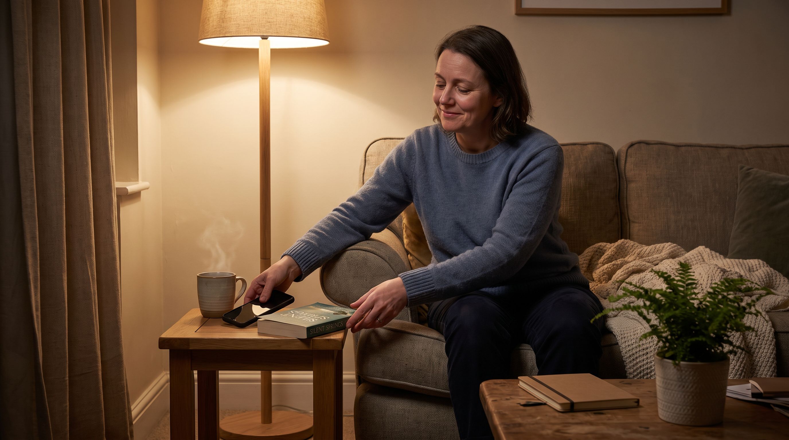 Erwachsener auf Sofa legt Smartphone weg und greift nach Buch und Kräutertee in gemütlicher Abendstimmung: bildschirmfreie abendroutine