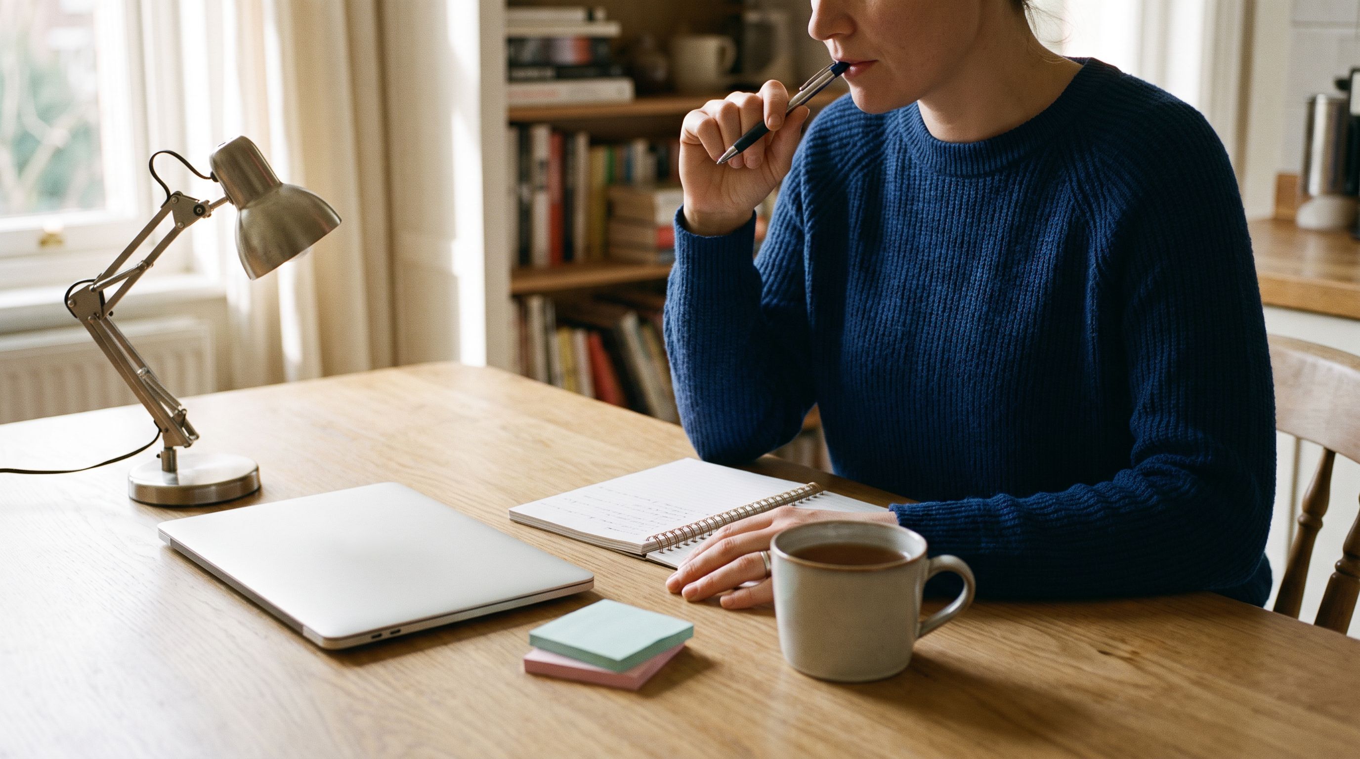 Person schreibt am Küchentisch in ein Notizbuch, neben Tee, Haftnotizen, Laptop und Lampe; Gedanken sortieren.