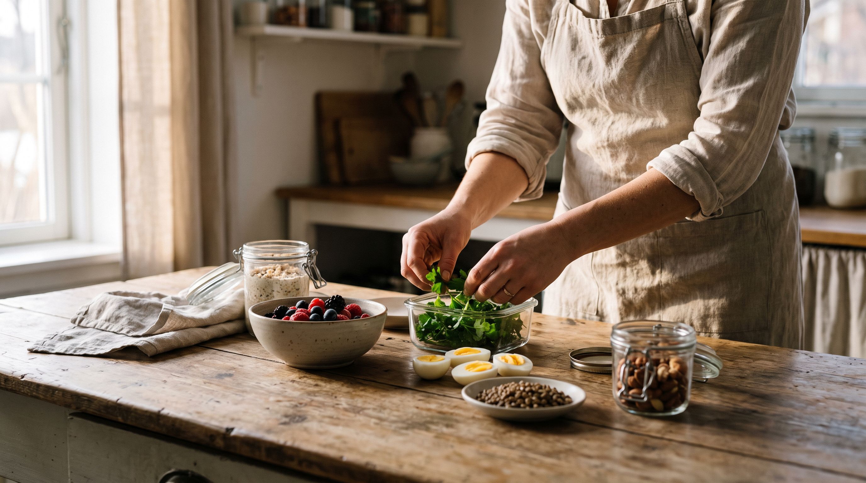 Person bereitet Frühstück und Lunchbox mit Joghurt, Eiern, Haferflocken, Beeren, Linsen und Nüssen zu – Eiweiß im Alltag