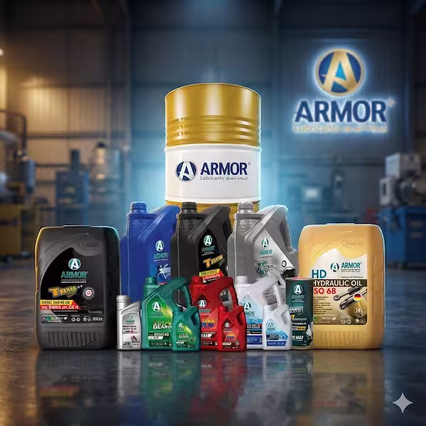 Assorted Armor brand lubricants and hydraulic oil containers displayed in an industrial setting with the Armor logo in the background.