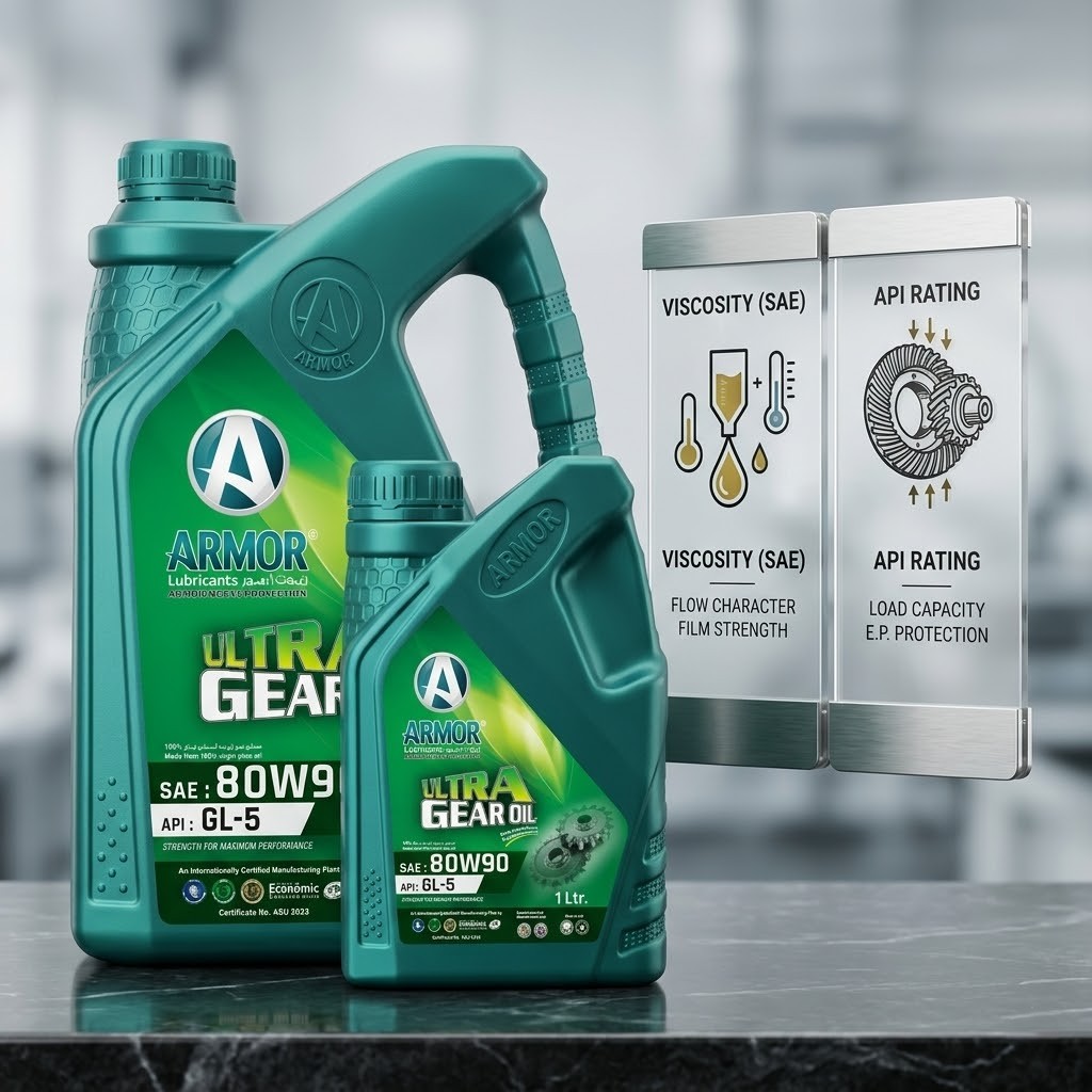Two green containers of Armor Ultra Gear Oil with SAE 80W90 and API GL-5 ratings, alongside infographic panels explaining viscosity and API rating.