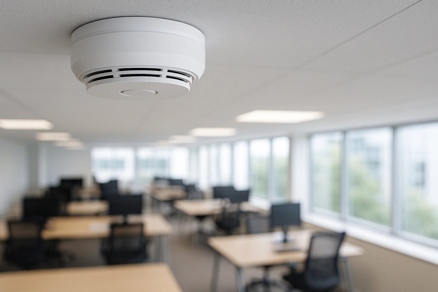 Rookmelder geplaatst tegen een plafond in een kantoor