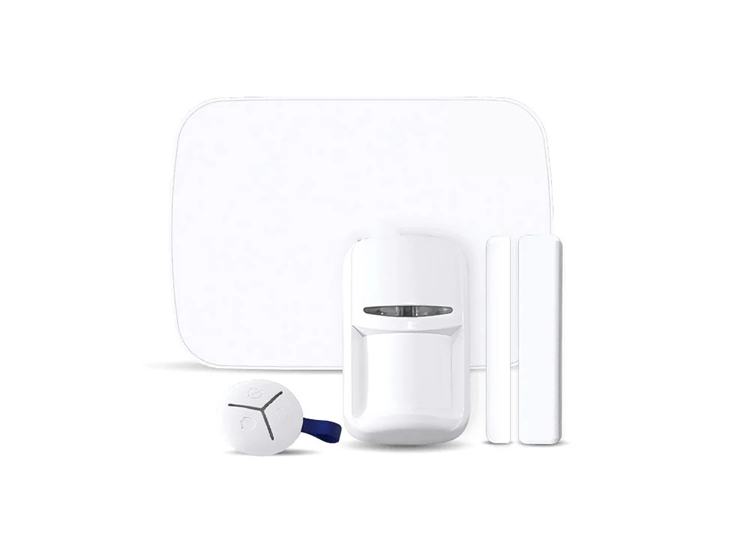 Volledig alarmsysteem met alarmcentrale, PIR-sensor, magneetcontact en key fob voor woningbeveiliging