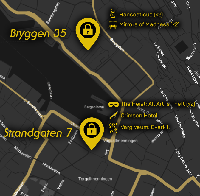 Dark map with yellow markers showing locked locations at Bryggen 35 and Strandgaten 7 in Bergen, Norway.