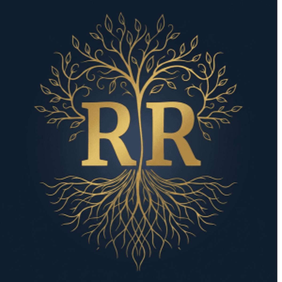 Rooted and Ready logo, a gold tree with roots on navy