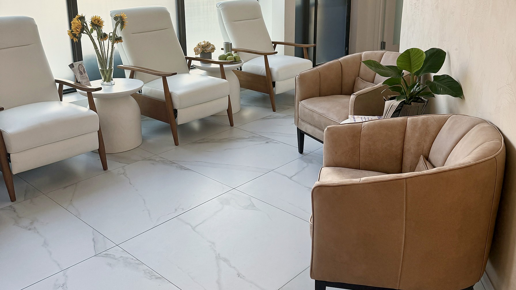 Sunlit seating area at Materna Health in the West Village