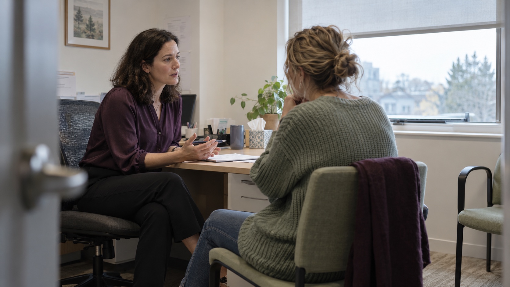 Woman discussing preconception health choices with a clinician in a calm office.