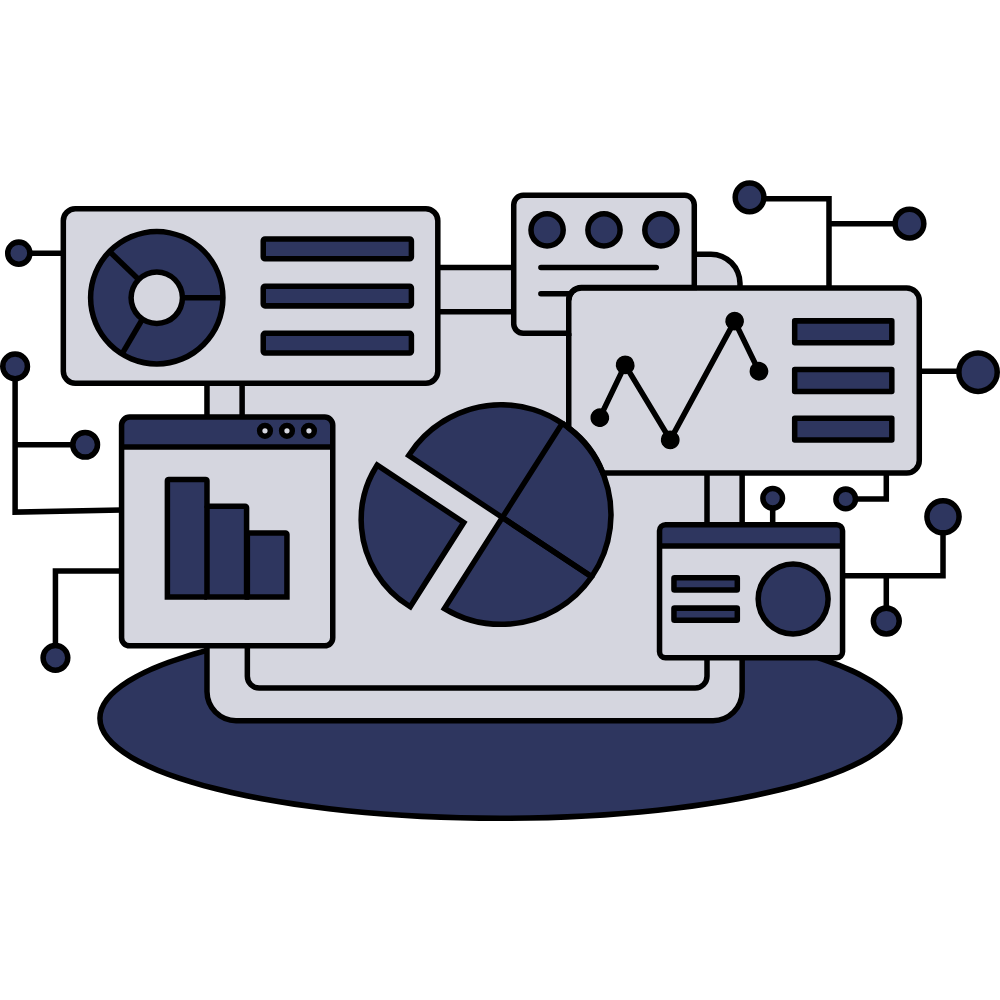 Laptop displaying various data charts and graphs, including pie charts, bar charts, and line graphs, representing data analytics or business intelligence.