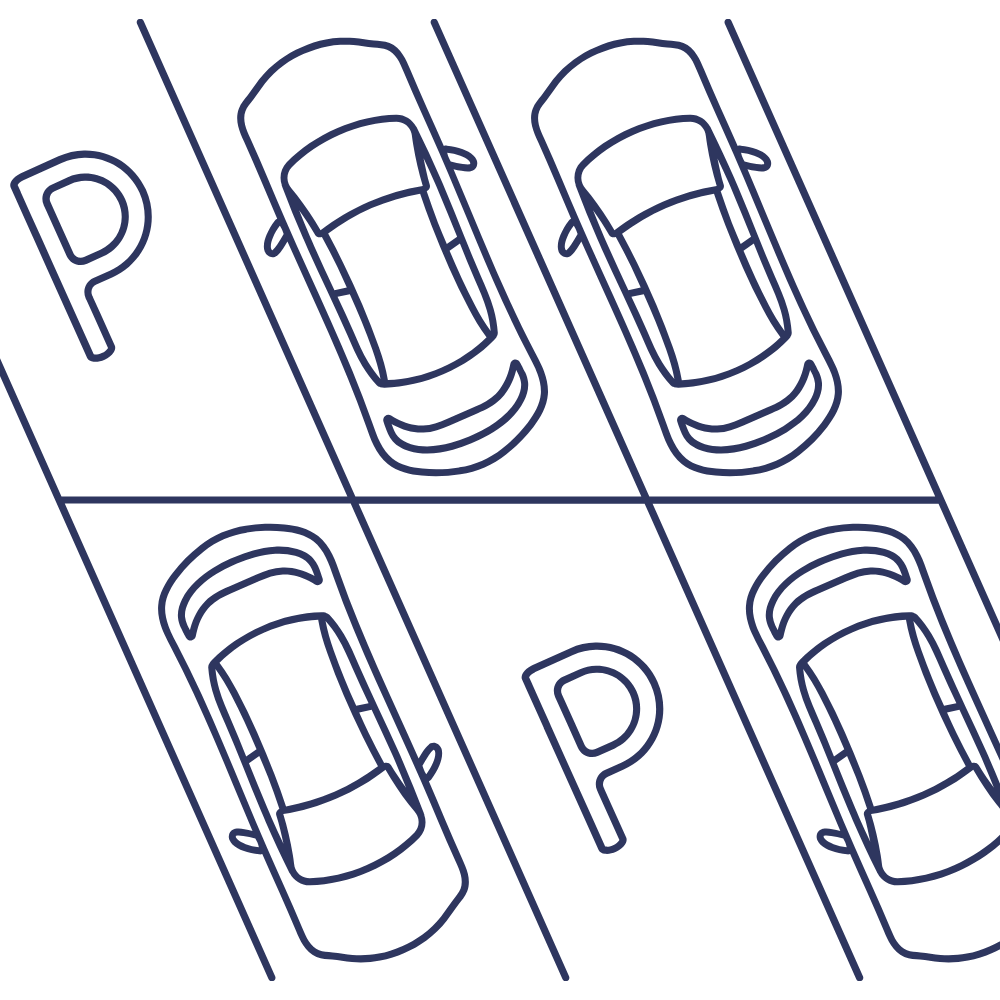 Top-down line drawing of six parking spaces, four occupied by cars and two marked with a large letter P.