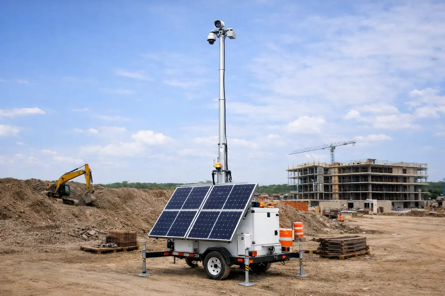 Mobile surveillance trailer with solar panels deployed at a construction site.